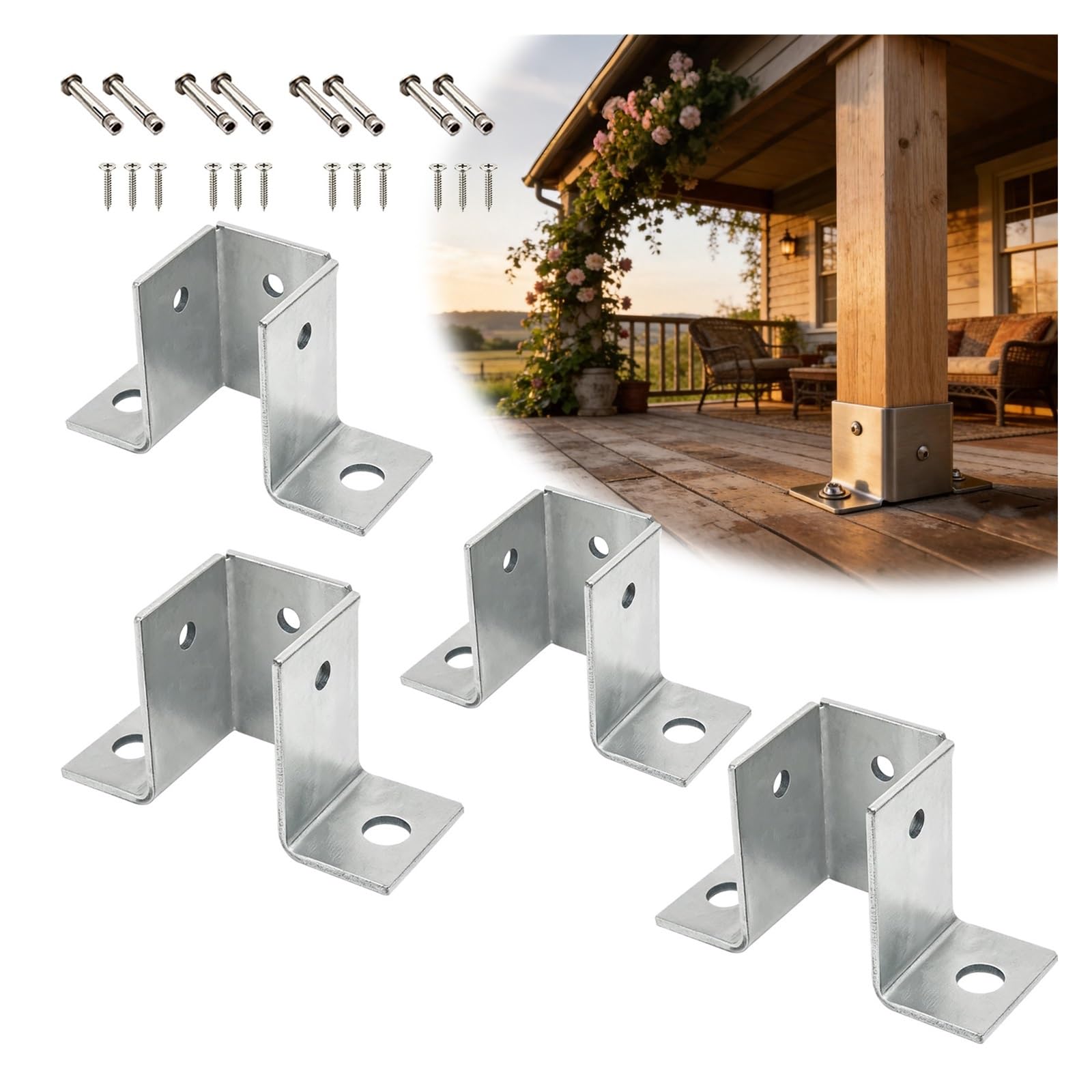 1 2 3 4 5 Pz Ancoraggio Palo Flangia Multi Misura Cemento | Staffa a 3 lati zincata a forma U per carichi pesanti per progetti in legno pergola/terrazza(4pack,2x2''/50x50mm)