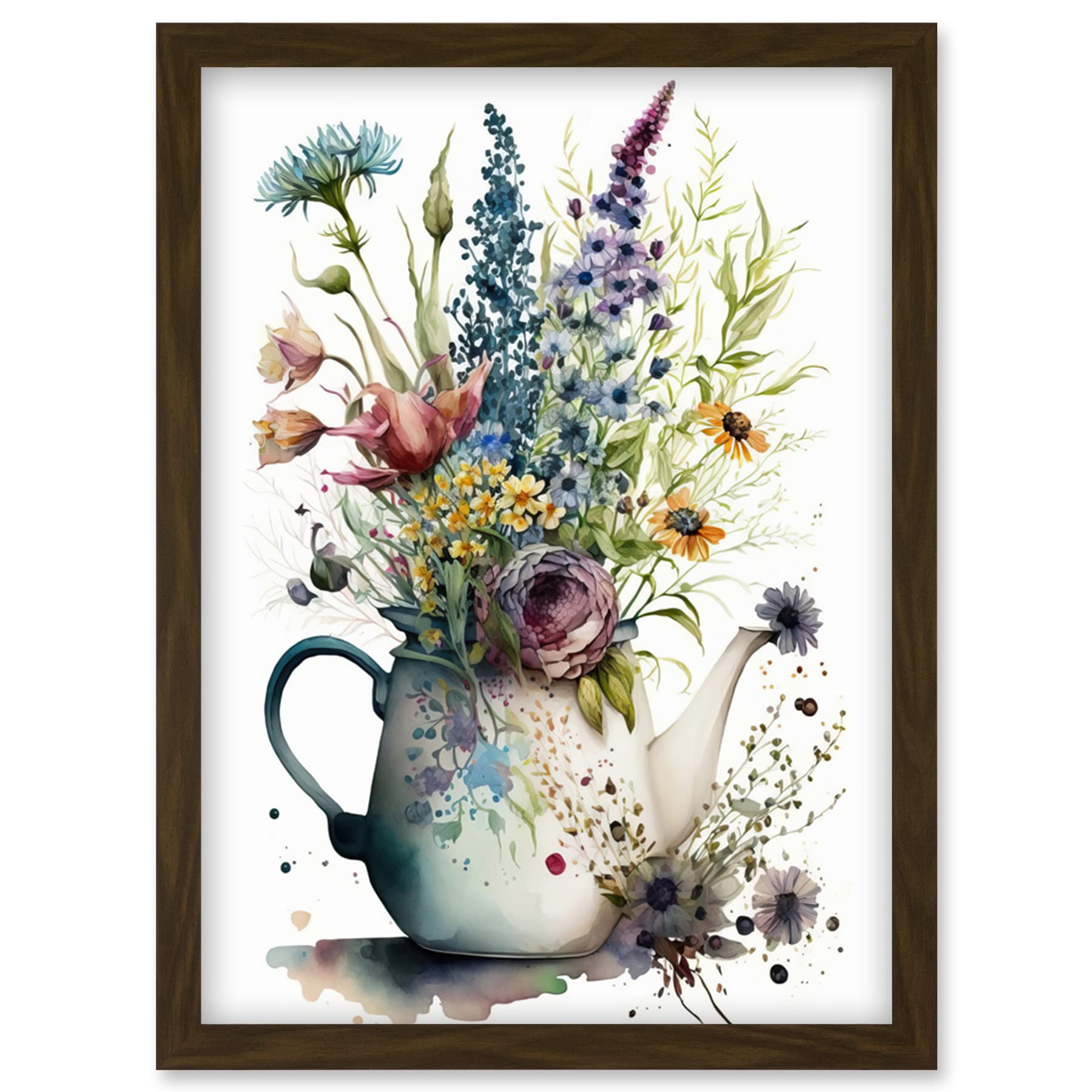Artery8 Spring Wildflower Floral Bouquet in a Teapot Vase Artwork Framed Wall Art Print A4