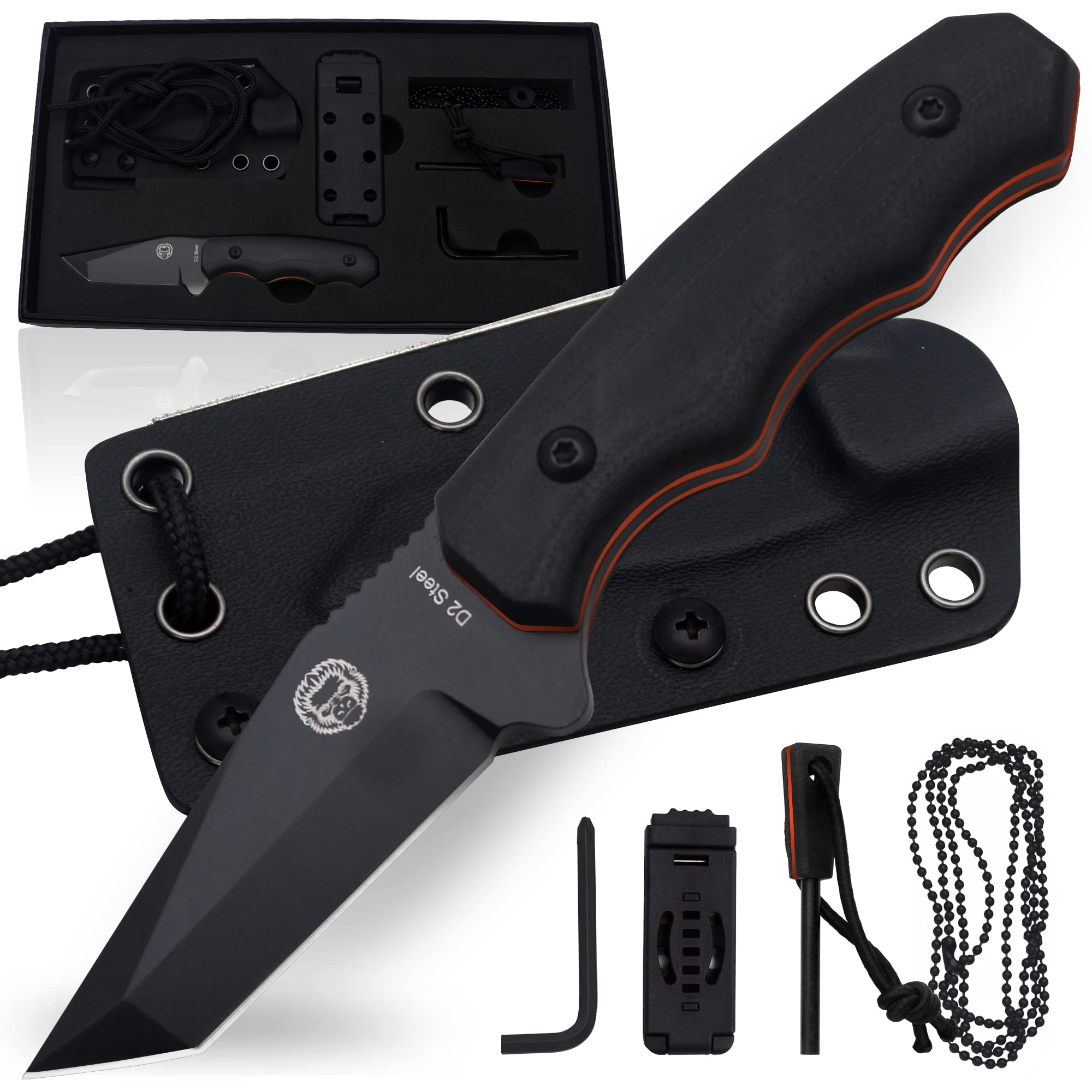 Holtzman's Gorilla Survival Wakizashi Fixed Blade Neck Knife with Kydex Sheath & Ferro Rod (Orange+Black) - Ideal for Bushcraft and Survival Use