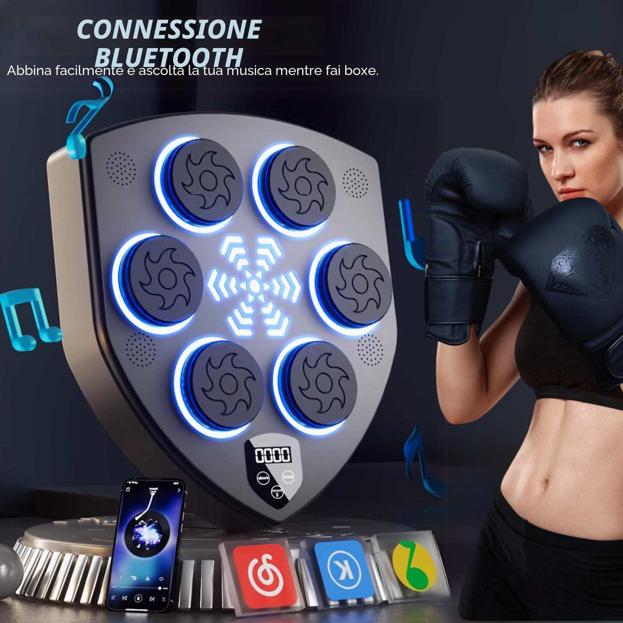 MAGIC SELECT Macchina da Boxe Musicale, Attrezzatura da Allenamento per Boxe a Parete in PU, Pad da Boxe a LED, Bluetooth, Luci al Ritmo della Musica.