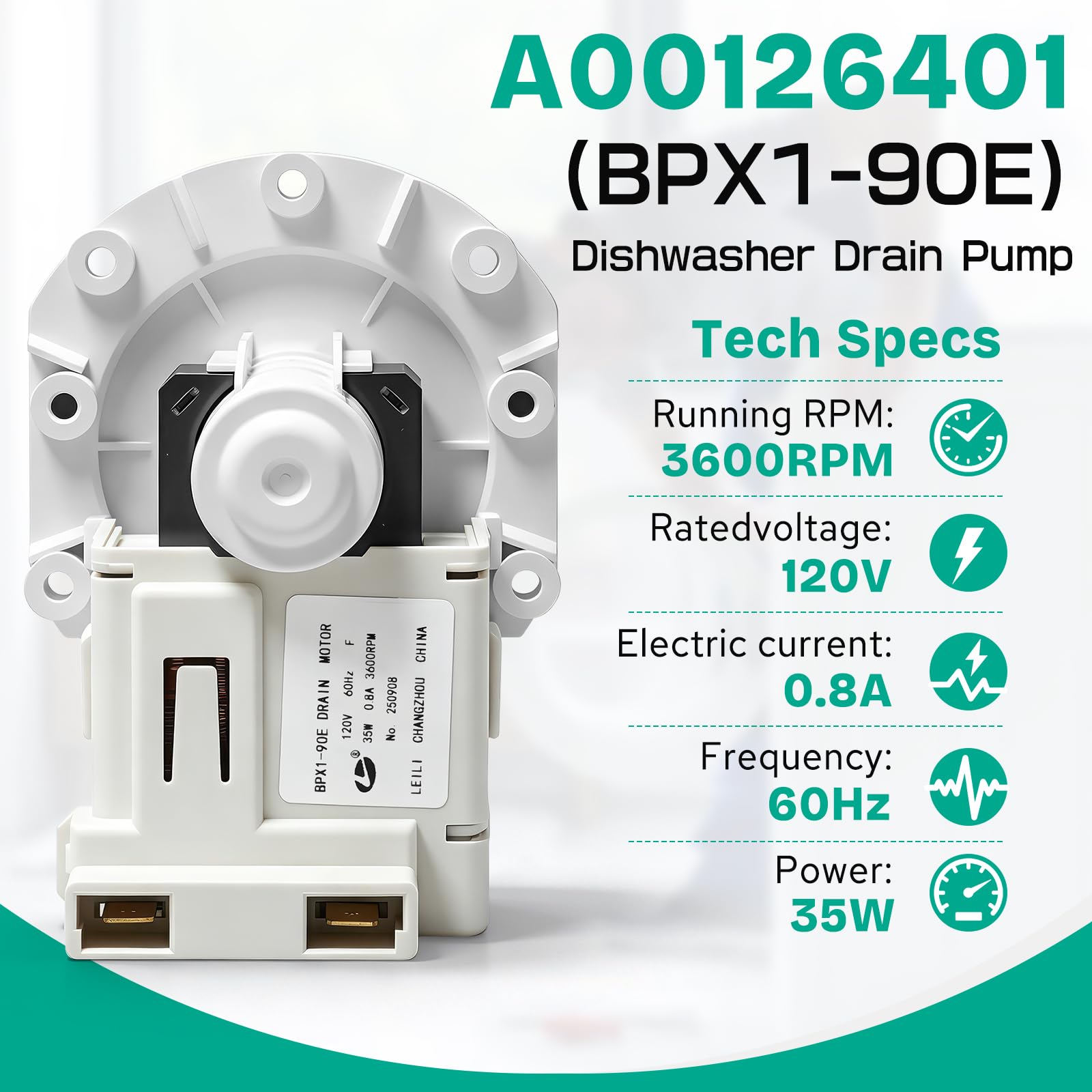 A00126401 154736201 - Bomba de drenaje de lavavajillas de repuesto para Frigidaire Kenmore Crosley, sustituye a BPX1-90E 5304492415 PS8689824 AP5690431