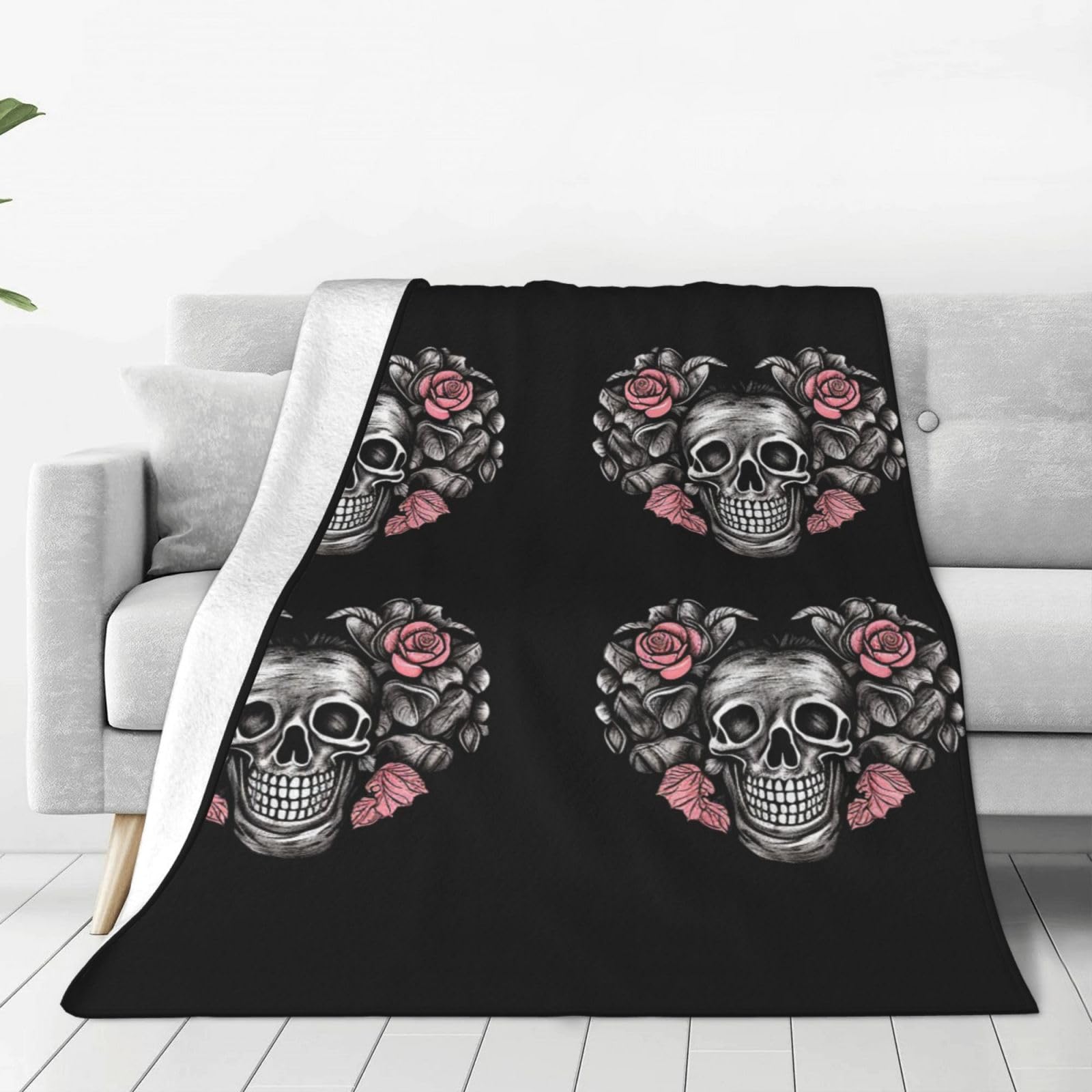 Skull Heart Throw Blanket for Couch, Plush Fuzzy Soft Flannel Blankets and Throws for Sofa, 80"x60" Bed Blankets for Travel Camping Chair, All Season Warm Fleece Blanket