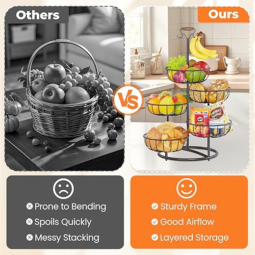 Miniatura 7 de PouHenier.jh Cesta de frutas de 5 niveles para cocina con colgador de plátanos, estante de almacenamiento de verduras de alambre de metal de gran
