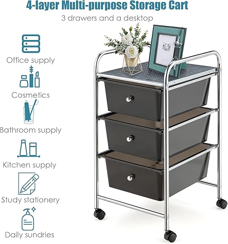 Vista 56 de GOFLAME Carrito de almacenamiento con ruedas de 4 cajones, carrito organizador móvil multiusos, carrito de utilidad para la oficina en casa