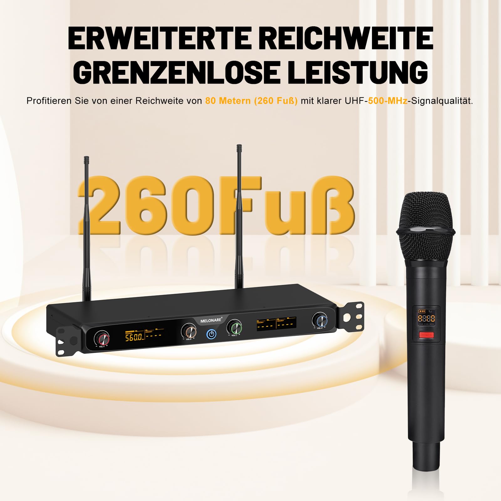 MELONARE 4-Kanal UHF Rackmount Funkmikrofonsystem MWM-41F | 4 dynamische Handmikrofone, 4 x 10 Frequenzen, 260 Fuß Reichweite, Live-Gesang, Karaoke, Gottesdienste, DJ-Events