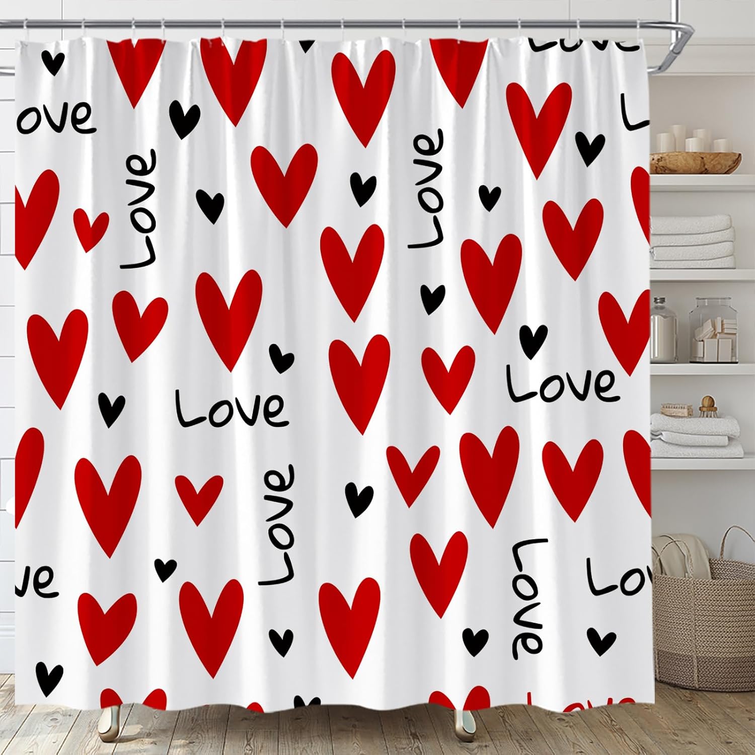 Red Heart Shower Curtain Valentine's Day Love Romantic Valentines Sweet Couple Bathroom Curtain Fabric with Hooks(90" Wx70 H)