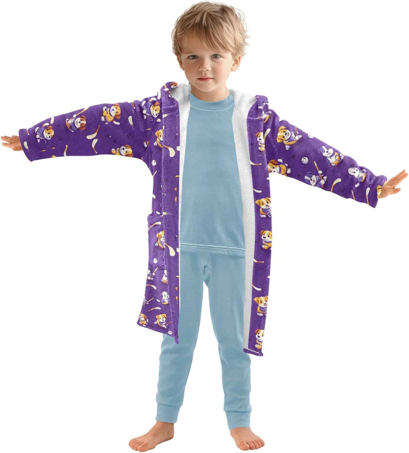 Funny Dog Hockey Sports Bathrobe Hooded PJ Robe Soft Fleece Robe Pajama Sleepwear 2-12 Years