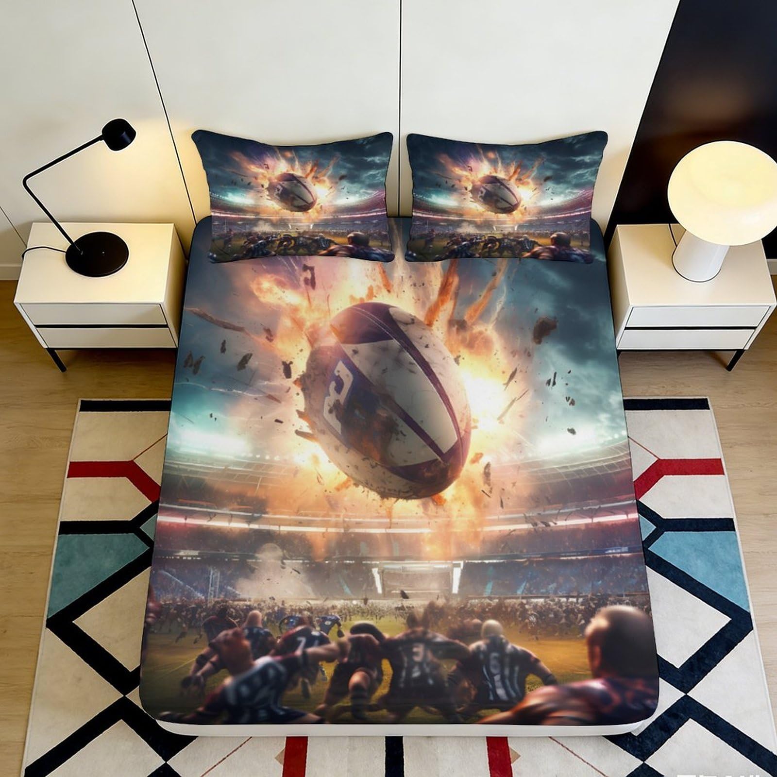 3D Printed Football Stadium Fitted Sheet Microfiber Soft Durable Fireball Bed Cover for Bedroom Guest Room Decor 90x200x25cm