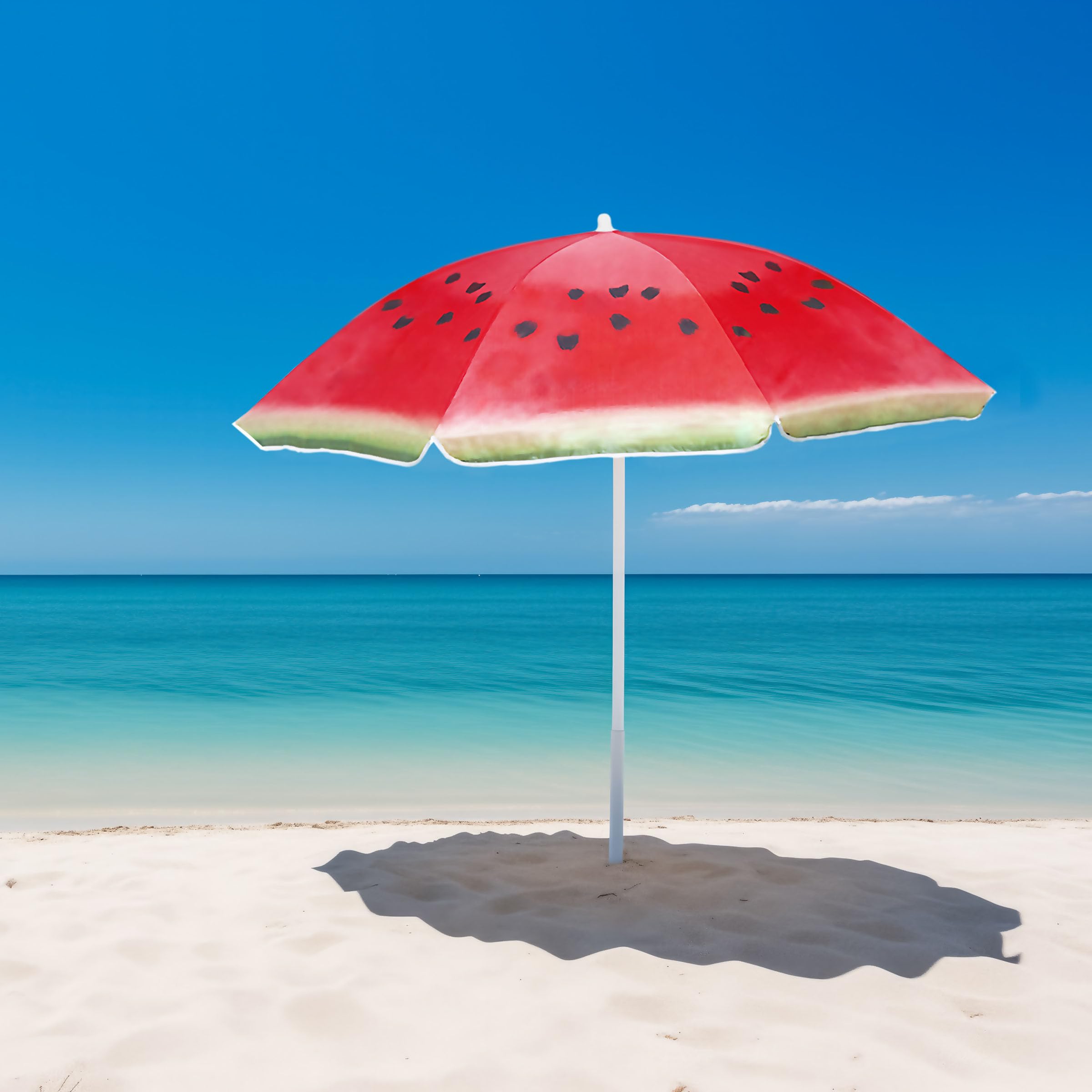 TIENDA EURASIA – Sombrilla Playa | Diseño de Sandía | 150 cm de Diámetro | Nylon | 8 Paneles Resistentes y Faldones Laterales | Tubos Metalizados en Color Blanco y Ajustable en Altura