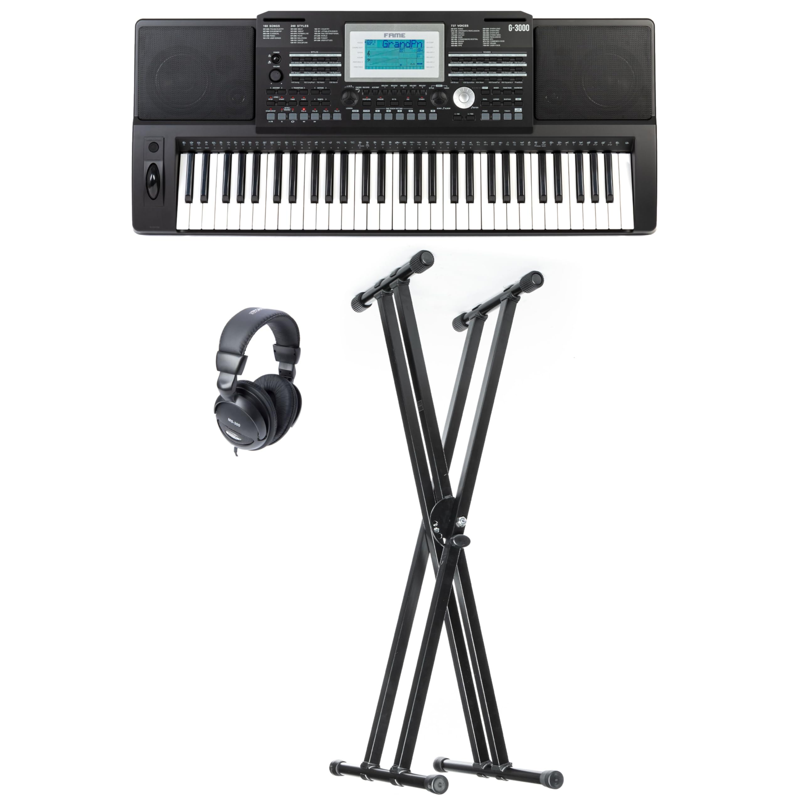 Fame G-3000 Keyboard Set, 737 Sounds, 240 Styles, 128 Polyphonie, Digital Tastatur, Pitchbend, Display, USB MIDI, Kopfhöreranschluss, LINE IN/OUT, Effektprozessor, 61 Tasten, 9kg