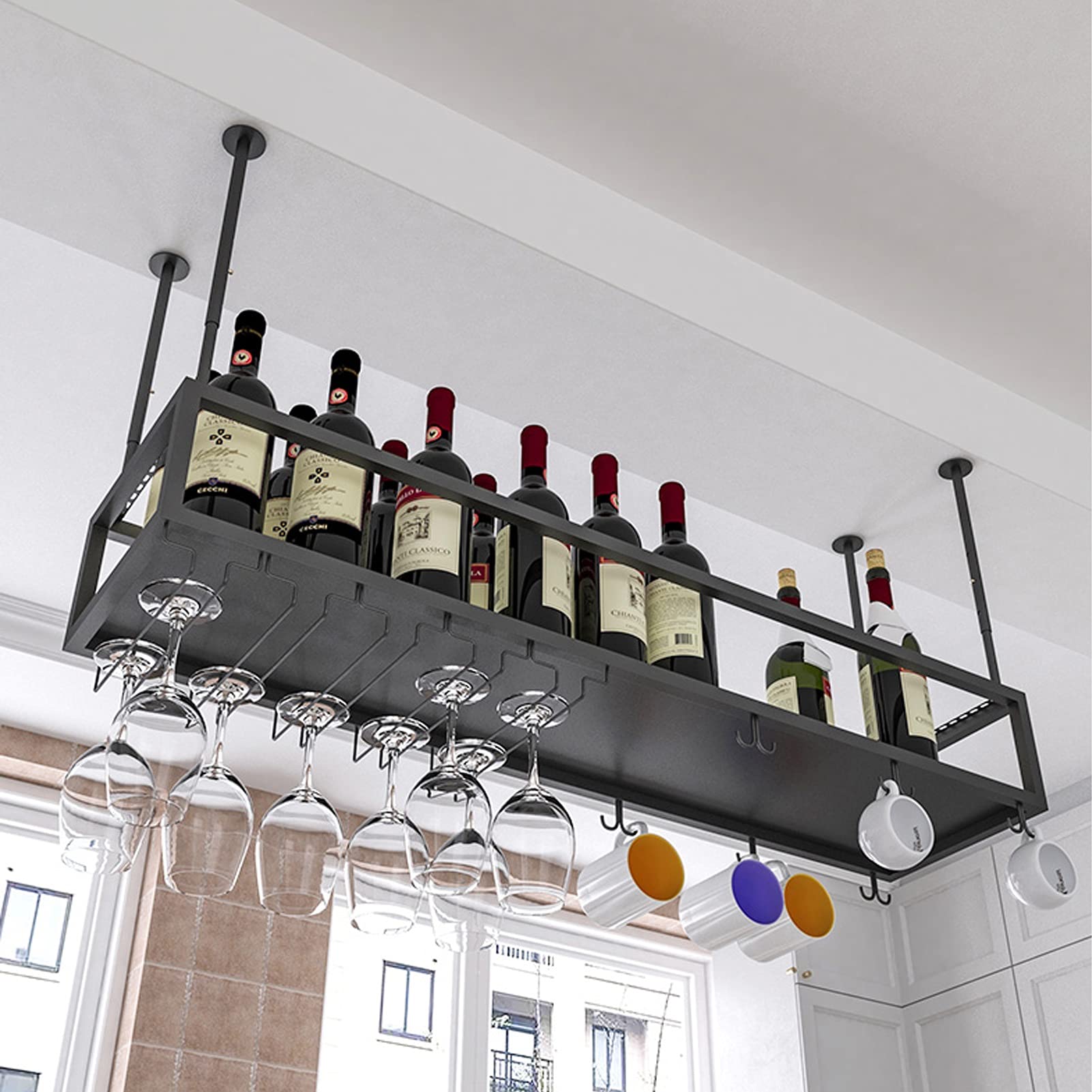 Stojak na wino sufitowe stojaki na butelki wina | wiszący uchwyt na kieliszki do wina | vintage uchwyt na kieliszki do wina montowany na ścianie organizer na butelki wina do kuchni lub baru