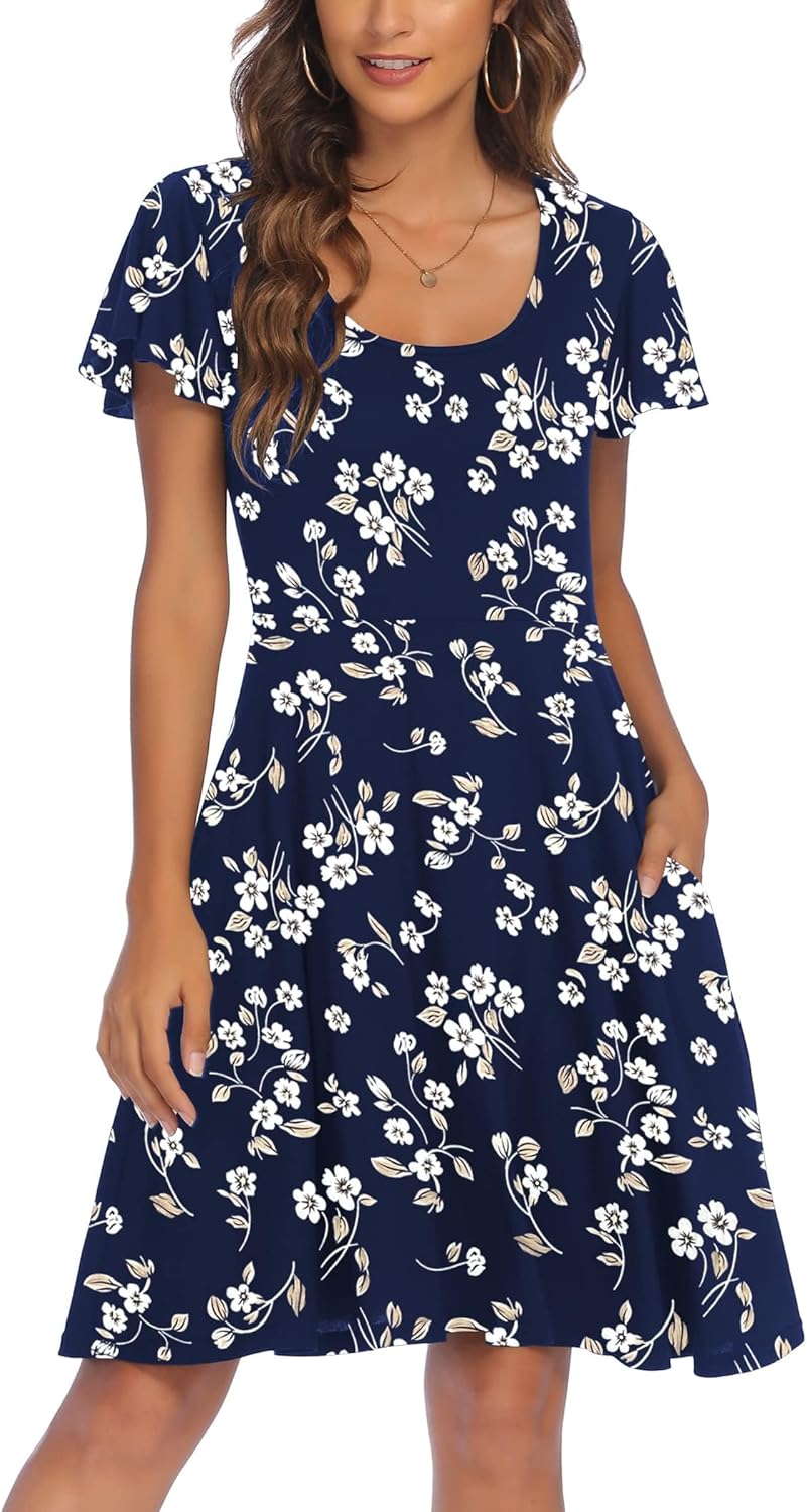 HOTOUCH Women's Casual Dress Floral Summer Dress Ruffle Sleeve Crewneck Flowy Swing Mini Dresses with Pockets