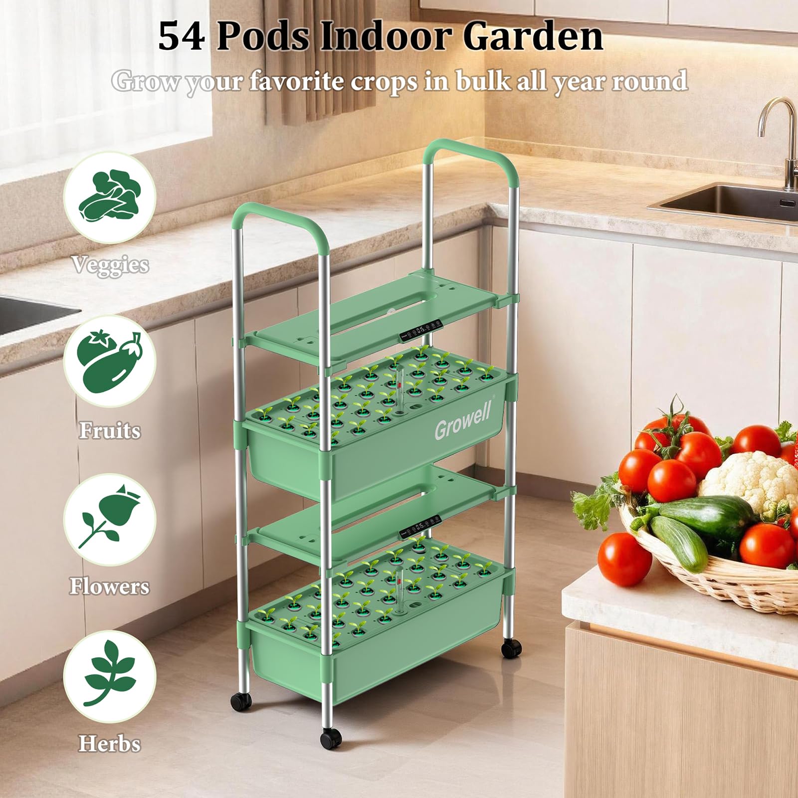 Growell Kit de sistema de cultivo hidropónico, 54 cápsulas, jardín vertical de hierbas para interiores con luz LED inteligente, bomba de agua de circulación automática cada nivel, sistemas de