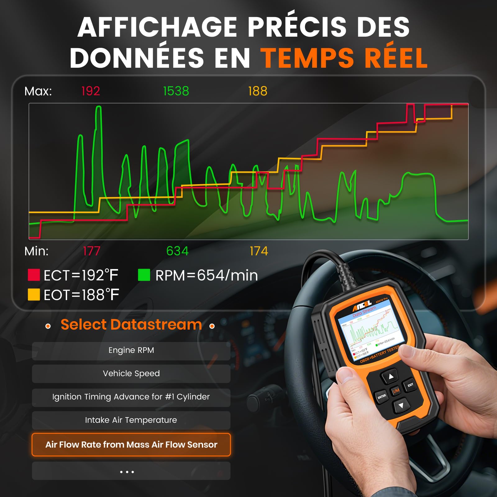 2 in 1 OBD2 Valise Diagnostic Auto et Testeur de Batterie de Voiture Ancel