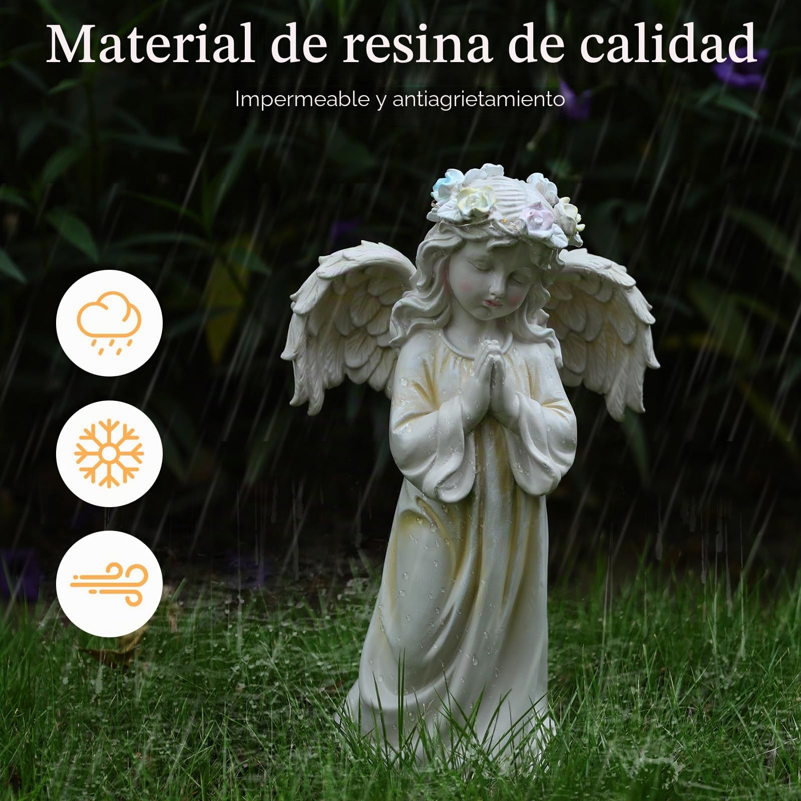 Estatua de Ángel en Oración, Figurita Decorativa de Ángel para Jardín con Luz Cálida Energía Solar, Escultura para Césped Patio Puerta, Decoración al Aire Libre Fiesta Navidad, Blanco