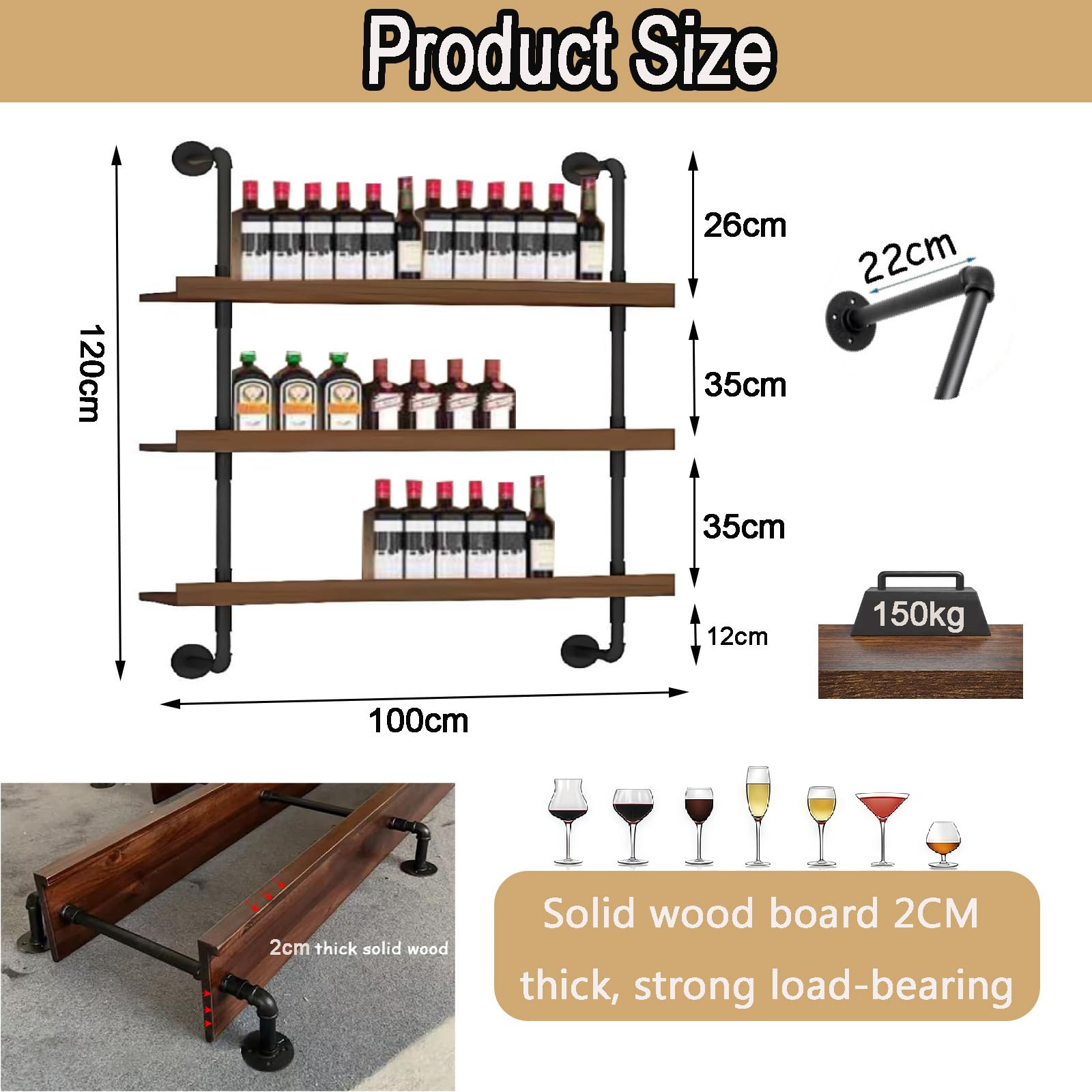 100CM Grande Portabottiglie Da Parete con illuminazione a LED,3 Livelli Supporto Vetro in legno massello in stile industriale vetrinetta da parete Pensile bar, ristoranti e case