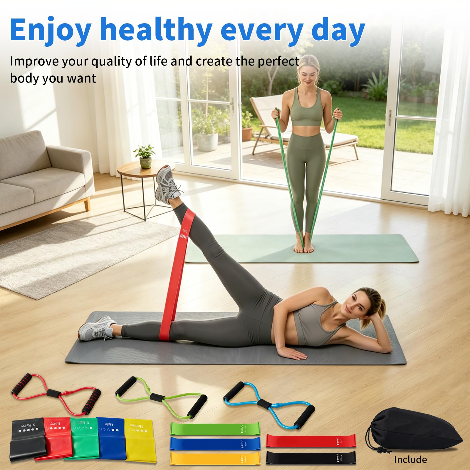 Set di 13 fasce di resistenza, 5 fasce per esercizi multilivello, fasce di resistenza ad anello in 5 colori e 3 fasce di resistenza per fitness con manici per interni ed esterni, pilates e