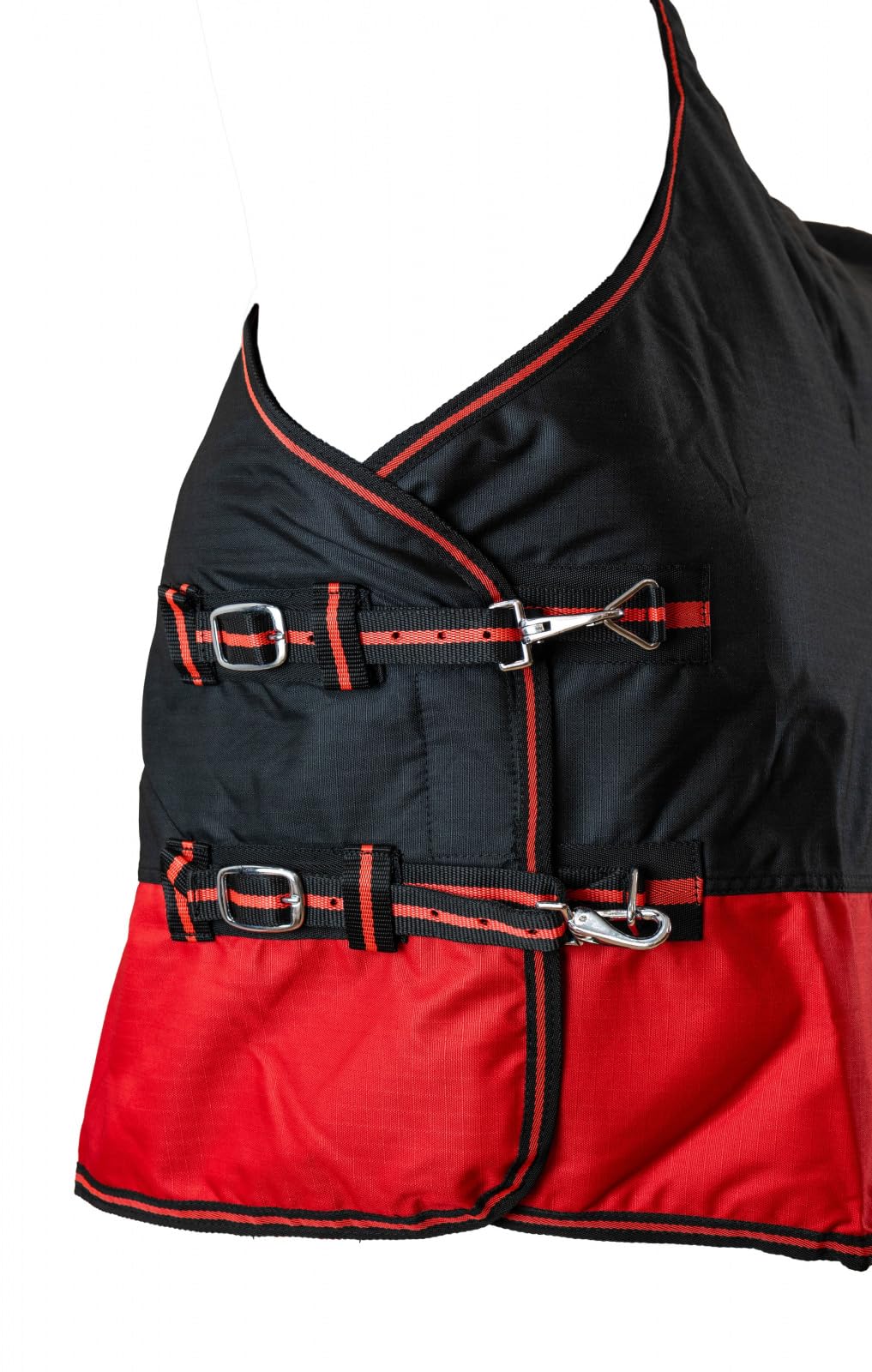 RL24 - Weidedecke 600D Basicline – Schwarz/Rot 115cm (Polarfleecefutter) | Regendecke & Übergangsdecke – Wind- & wasserdichte Outdoordecke mit Innenfutter & Kreuzbegurtung – Pferdedecke