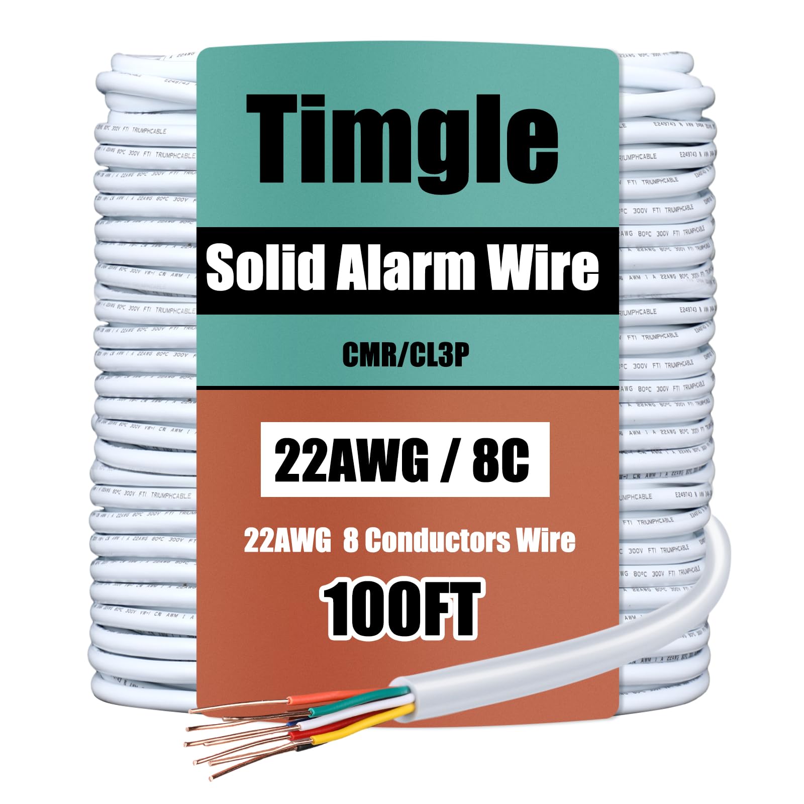 Timgle 22/8 White Solid Wire Bell Wire 100ft Stranded Fire Security Alarm Cable CMP/CL3P Shielded Rated Burglar Station Wire for Low Voltage LED, Burglar System, Fire Detector, Door Bell, 22AWG