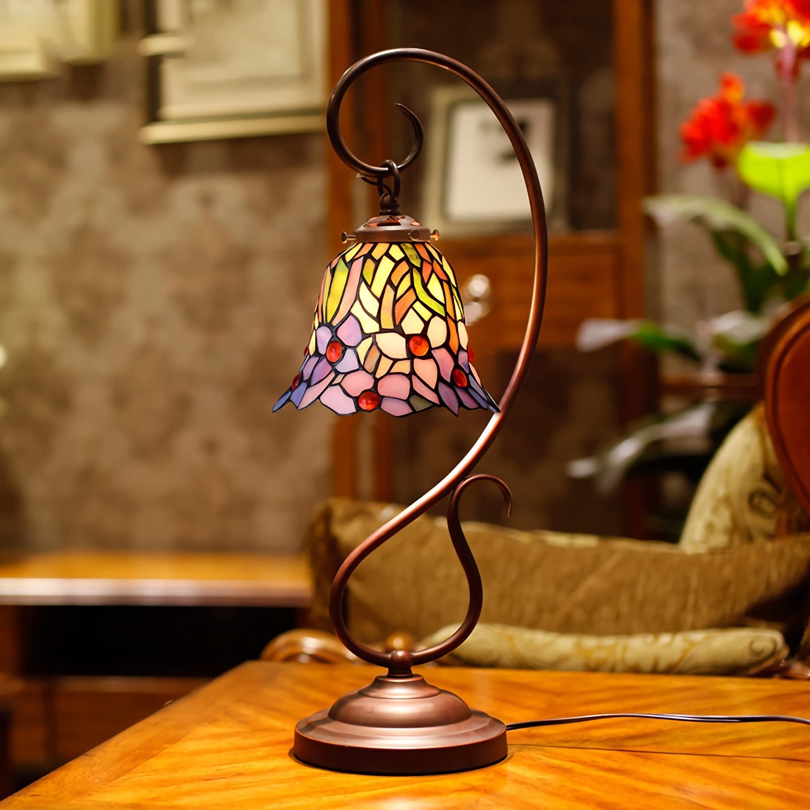 XANAYXWJ stołowa Witraż Lampka nocna Antyczna metalowa podstawa Decor biurkowa do sypialni Salon Home Office, E26 (brak w zestawie)