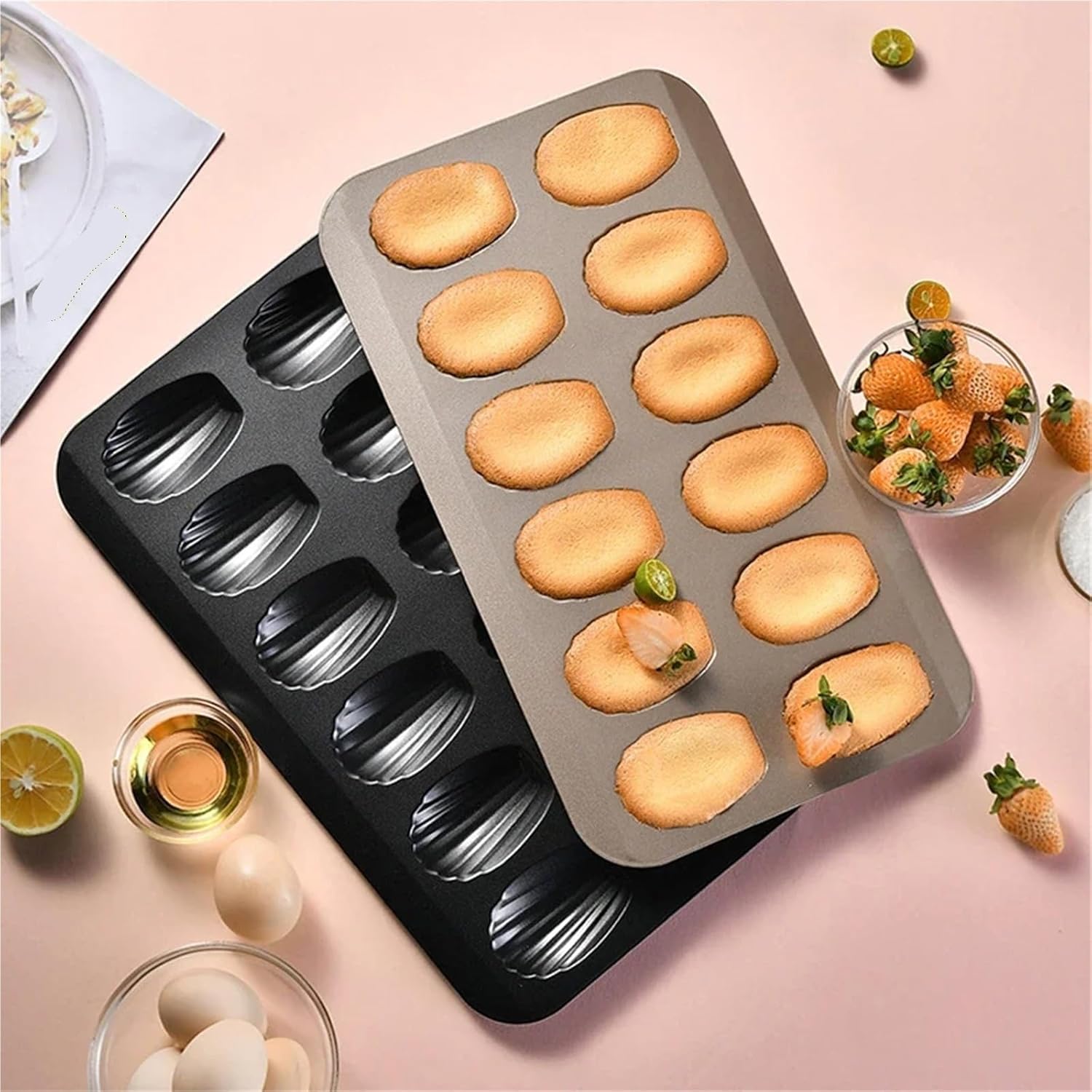 Compatible for Universal Baking 1Pc Stainless Steel Non-Stick Madeleine Baking Tray Mini Cake Cookie Biscuit Mold Pan(1pcs Rose Gold)