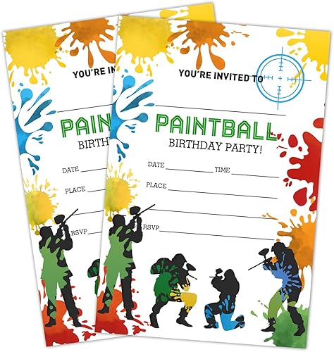 Tarjetas de invitación de cumpleaños, invitaciones de fiesta de paintball, suministros de decoración de fiesta de feliz cumpleaños para niños, 20