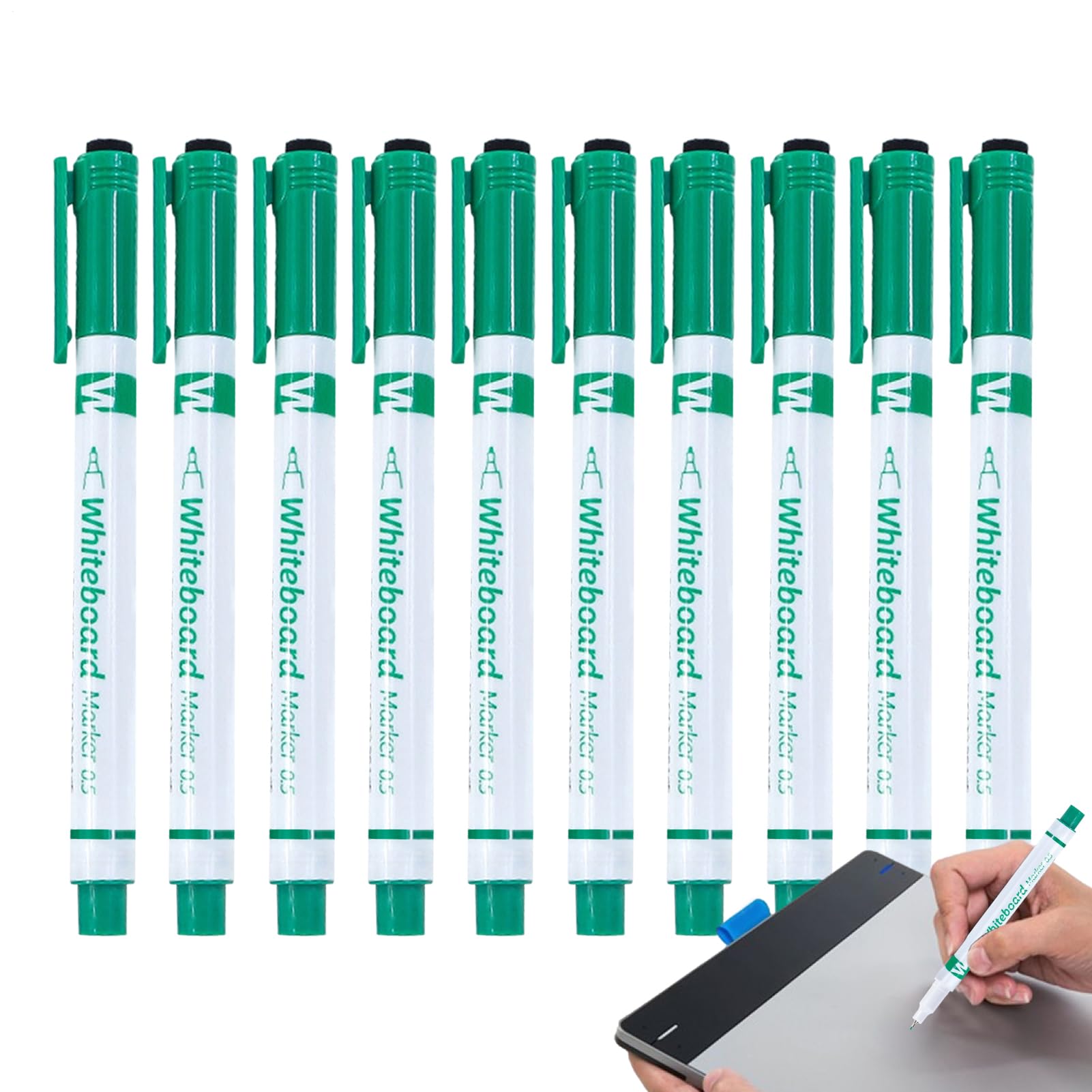 Dry Erase Markers | Pack of 10 Classroom Pens with Built-in Eraser - Fine Tip Writing Markers 0.5mm - for Classroom Whiteboard, Calendar, Kindergarten and Drawing Enseig