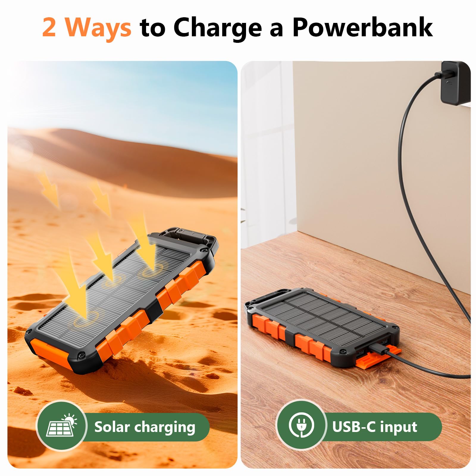 Power Bank Solare 26800mAh, PD15W Caricatore Solare Portatile USB C 3,0A Batteria Esterna 2 Uscite e 2 Ingresso con Luci LED Rapida per Smartphone, Tablet, Campeggio Ecc