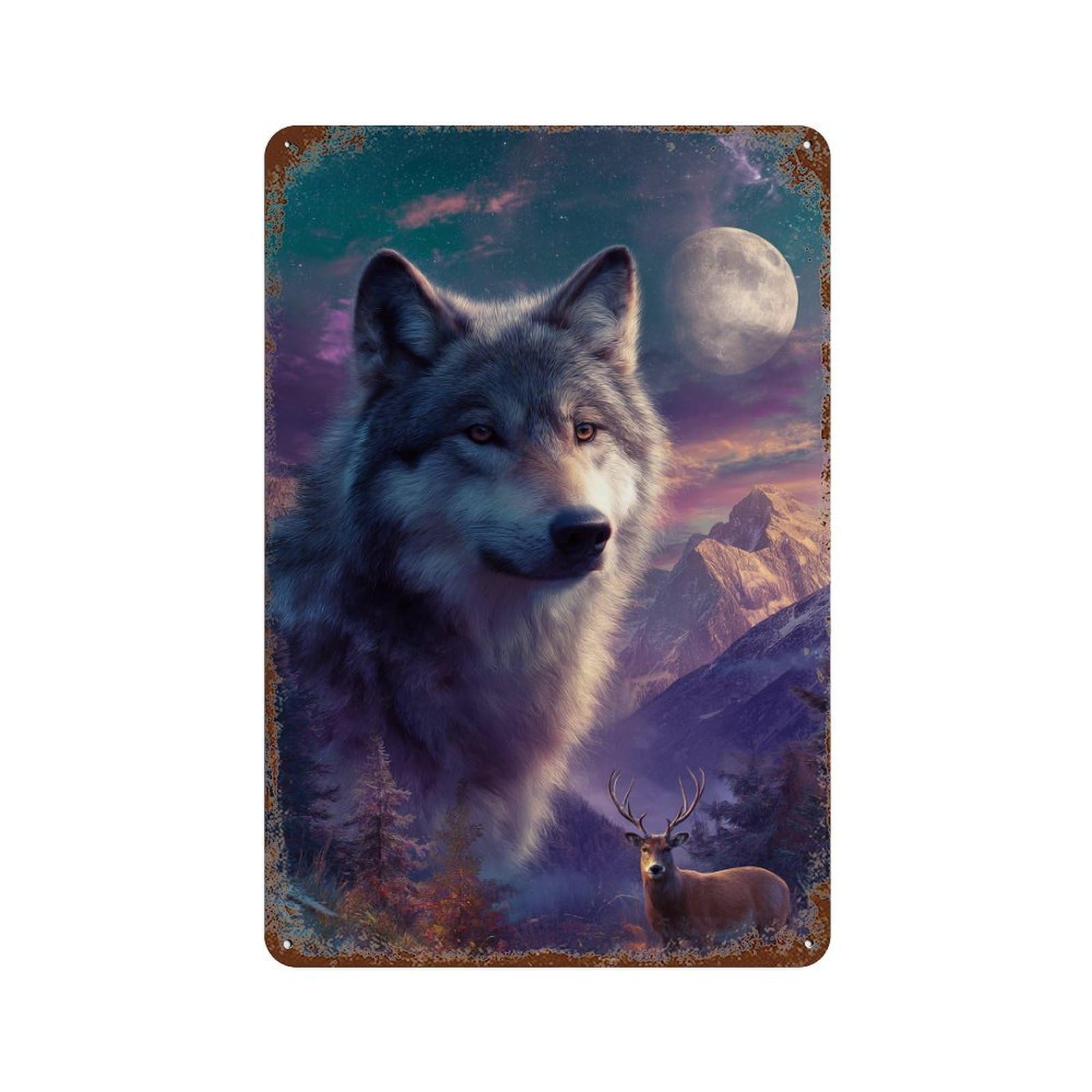 Wolf Moon Night Scene Rustic Tin Plaque 11.8"x7.9", Industrial Home Decor for Pub, Kitchen And Man Cave Decor