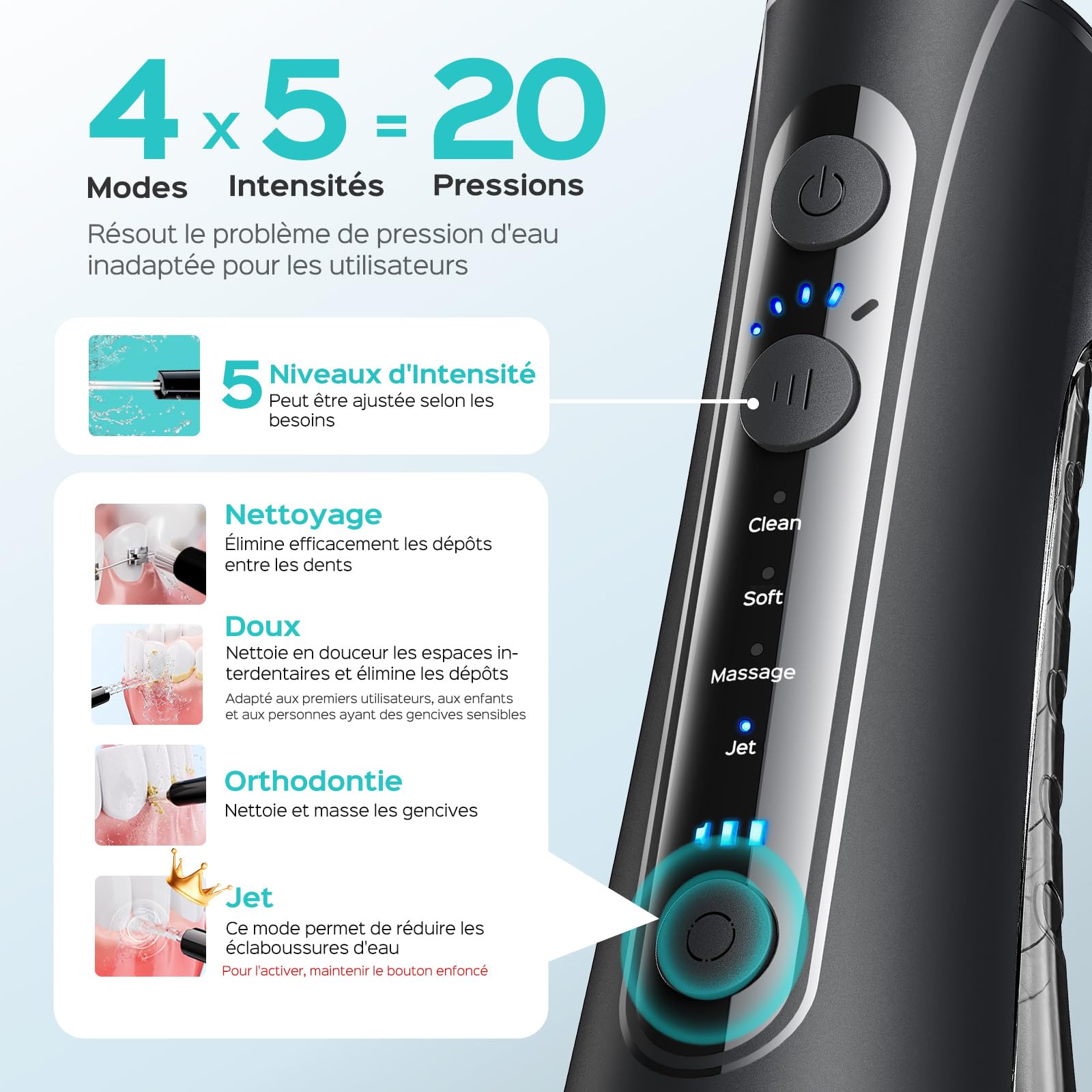 COSLUS C50 Jet Dentaire Hydropulseur Irrigateur Oral: 4 modes et 20 niveaux-IPX7 étanche-Technologie Anti éclaboussures-Usage à domicile et en voyage-pour gencives sensibles et santé-Noir Brillant