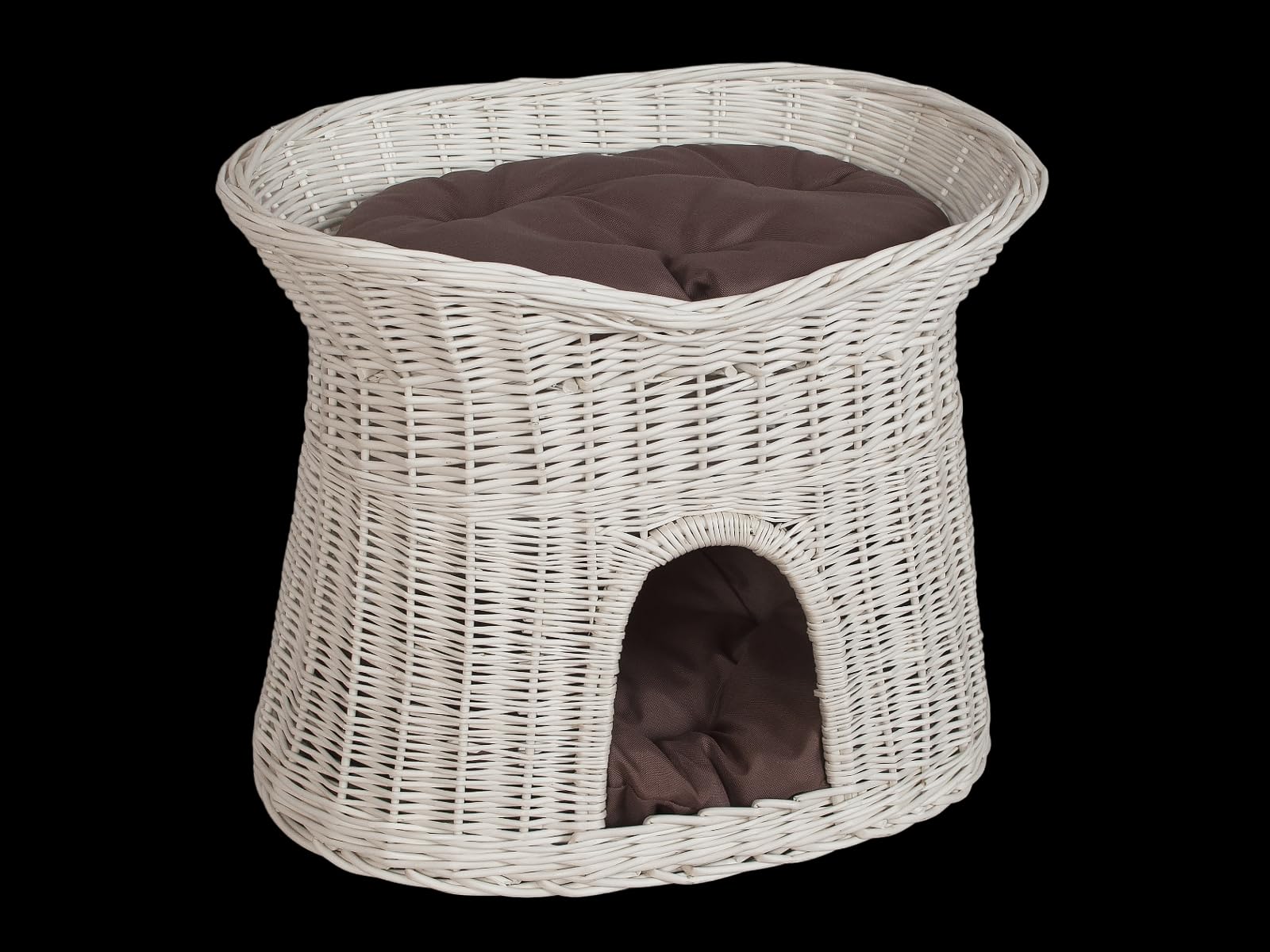 Katzenkorb zum Schlafen – Katzenhütte Indoor – Größe L: 60 cm oval – Katzenhöhle aus Weide – Zweistöckiger Hunde – oder Katzenbett mit waschbaren Kissen in Brown – Weiße korbfarbe