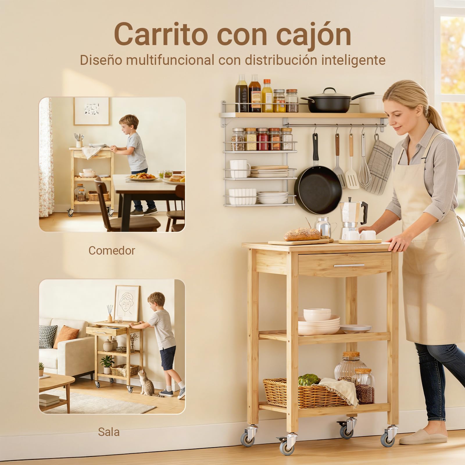 SoBuy Carrito de Cocina con Ruedas, cajón y 2 estantes, 58x40x86 cm | Carro de cocina de bambú carbonizado, 50 kg, antibacteriano y fácil de limpiar, para cocina y comedor, FKW135-N