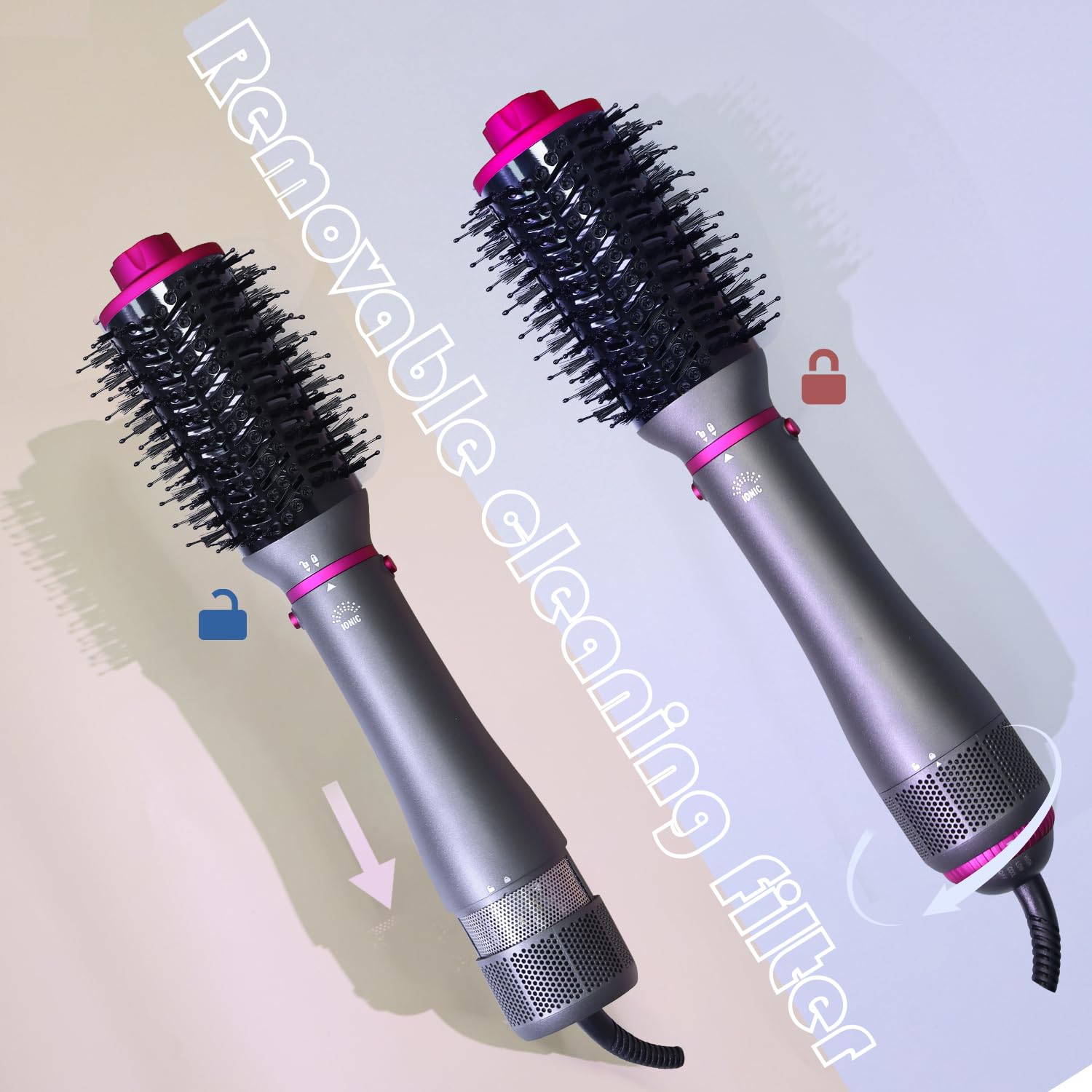 Haartrockner-Bürste, 4-in-1, Blasbürste, abnehmbarer Haartrockner mit negativen Ionen, mit Diffusor, Heißluftbürste, mit Glättbürste für Frauen, Friseur zu Hause Gri