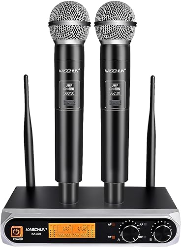 Sistema de micrófono inalámbrico, micrófonos de mano UHF duales, alcance de 200 pies de largo, Plug & Play, micrófono inalámbrico para cantar,