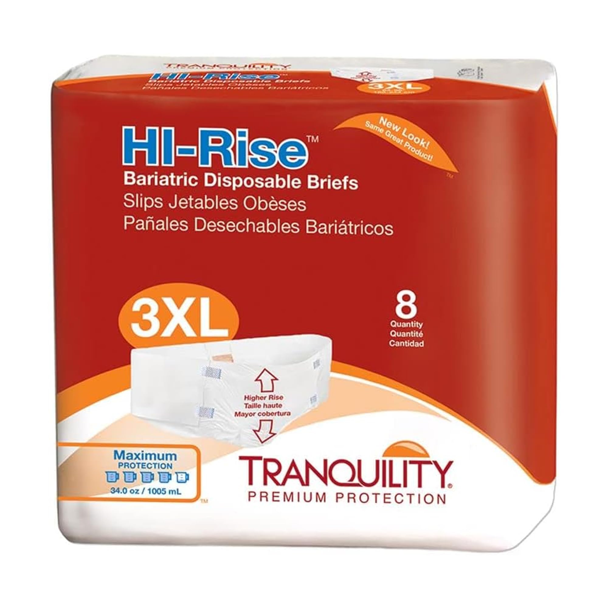 TRANQUILITYBariatric Disposable Briefs 3X-Large with HI-Rise High Waistline, Peach Mat Core & Secure Kufguard Technology for Skin Integrity, Latex-Free, 34oz Capacity, 32ct Case