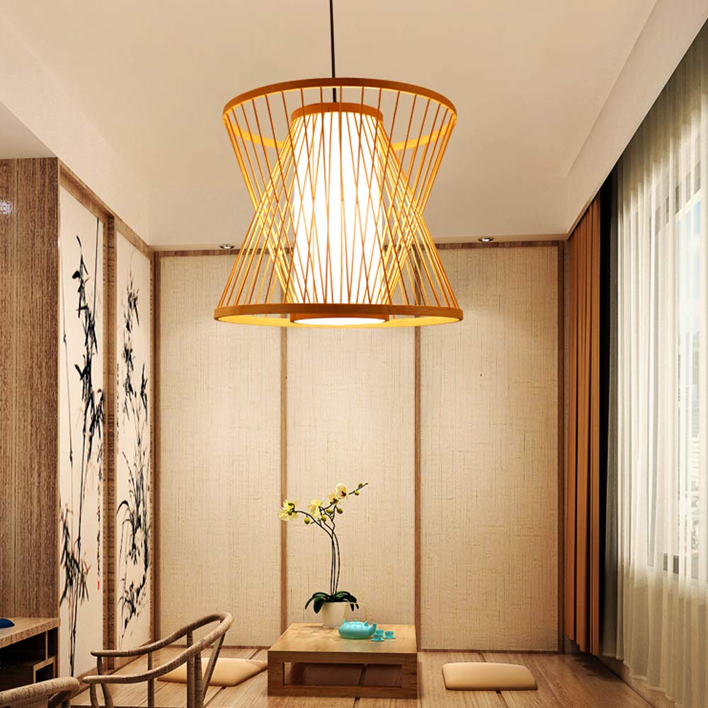 Futchoy Pendant Bamboo Wicker Bamboo Wicker Rattan Shade Pendant Light Chinese Style Lantern Wicker Rattan Shade Pendant Light for Bedroom Living Room Size 13.78"x11.81" Yellow