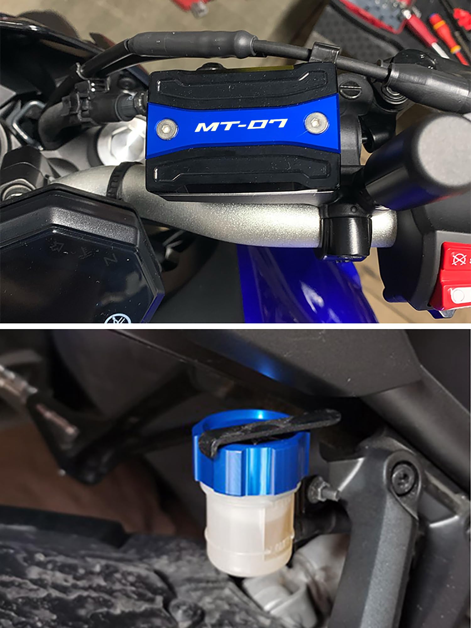 Moto Accessori per MT07 TRACER MT 07 FZ07 2014-2021 2022 2023 2024 2025 Anteriore e Posteriore Coperchio Serbatoio Fluido Freno in Alluminio (Blu)