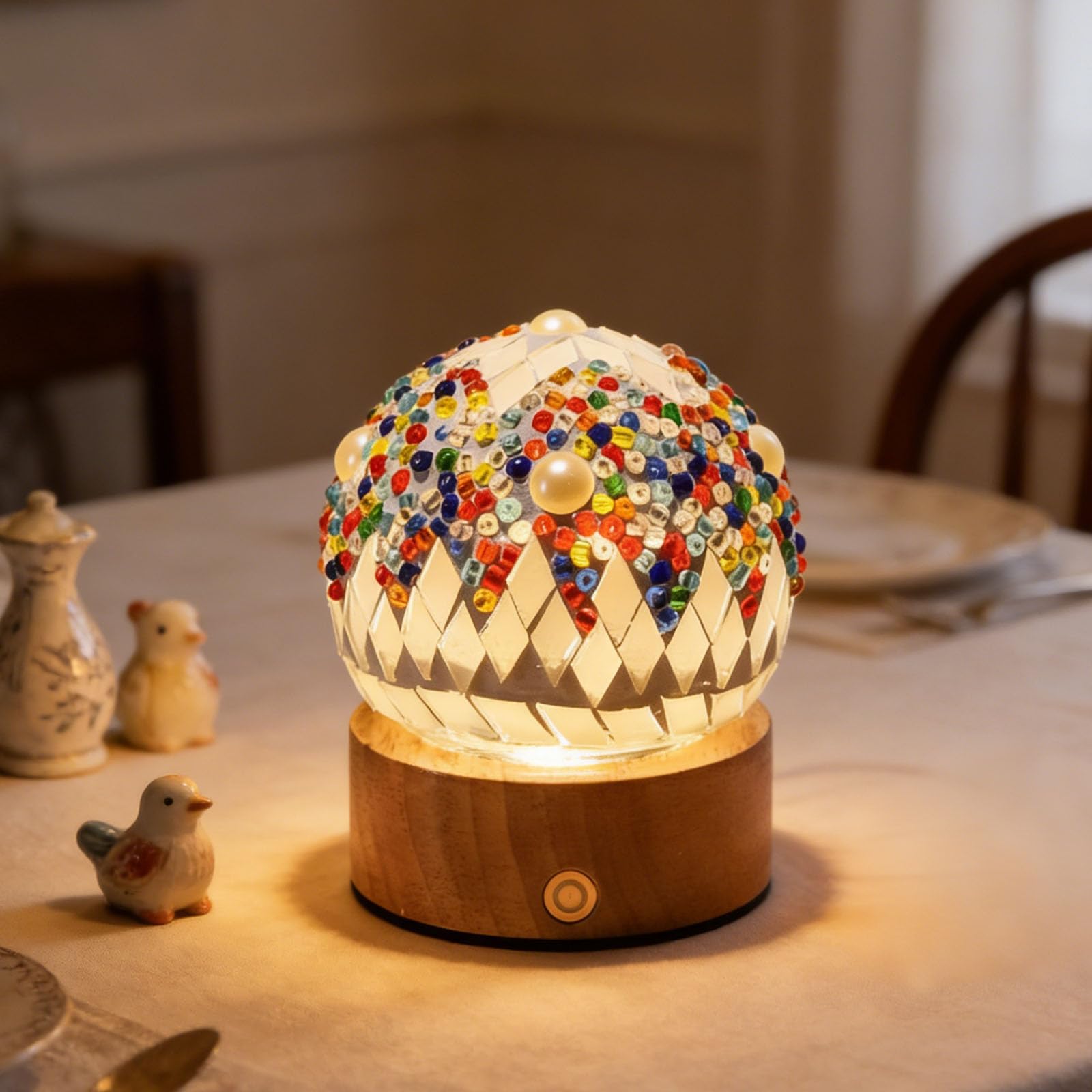 shulovehua Vintage Moroccan Mosaic Colored Glass Lamp Wooden Base USB Charging LED Night Light Suitable for Men's Cave Christmas Decoration High-End Homestay (Morocco Blue)