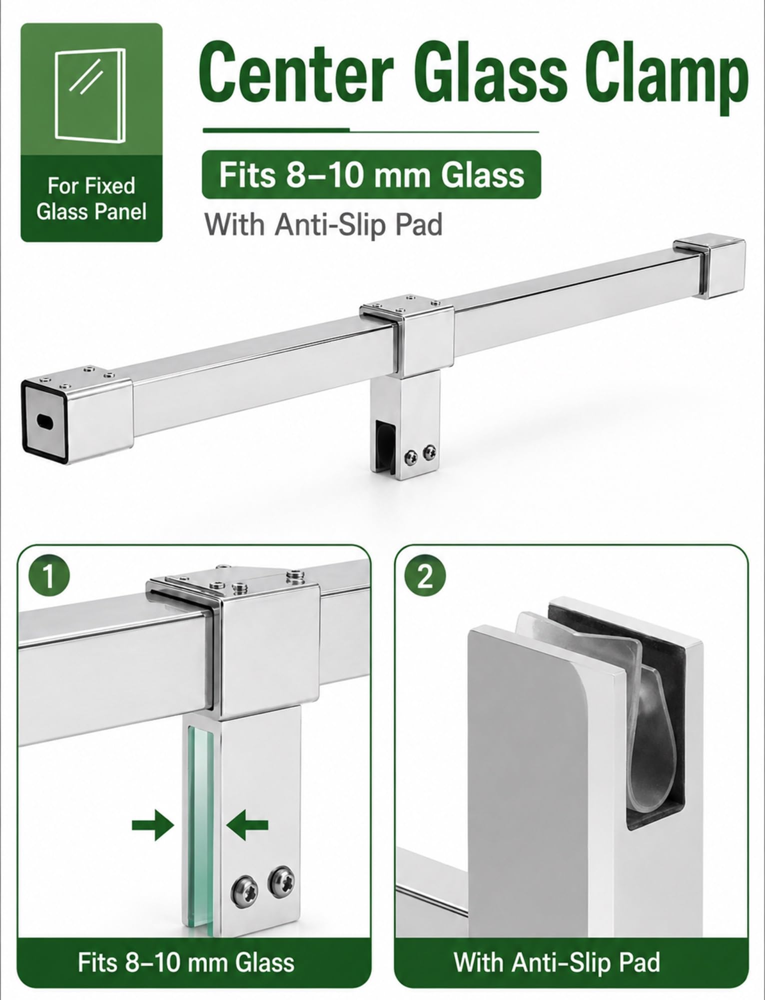 Duschglas-Stabilisator aus Edelstahl, T-förmige Vierkantstrebe | Verschiebbare Mittelhalterung für rahmenloses Glas 8–10 mm, wasserdicht und wackelfest(Silver,L-150 CM)