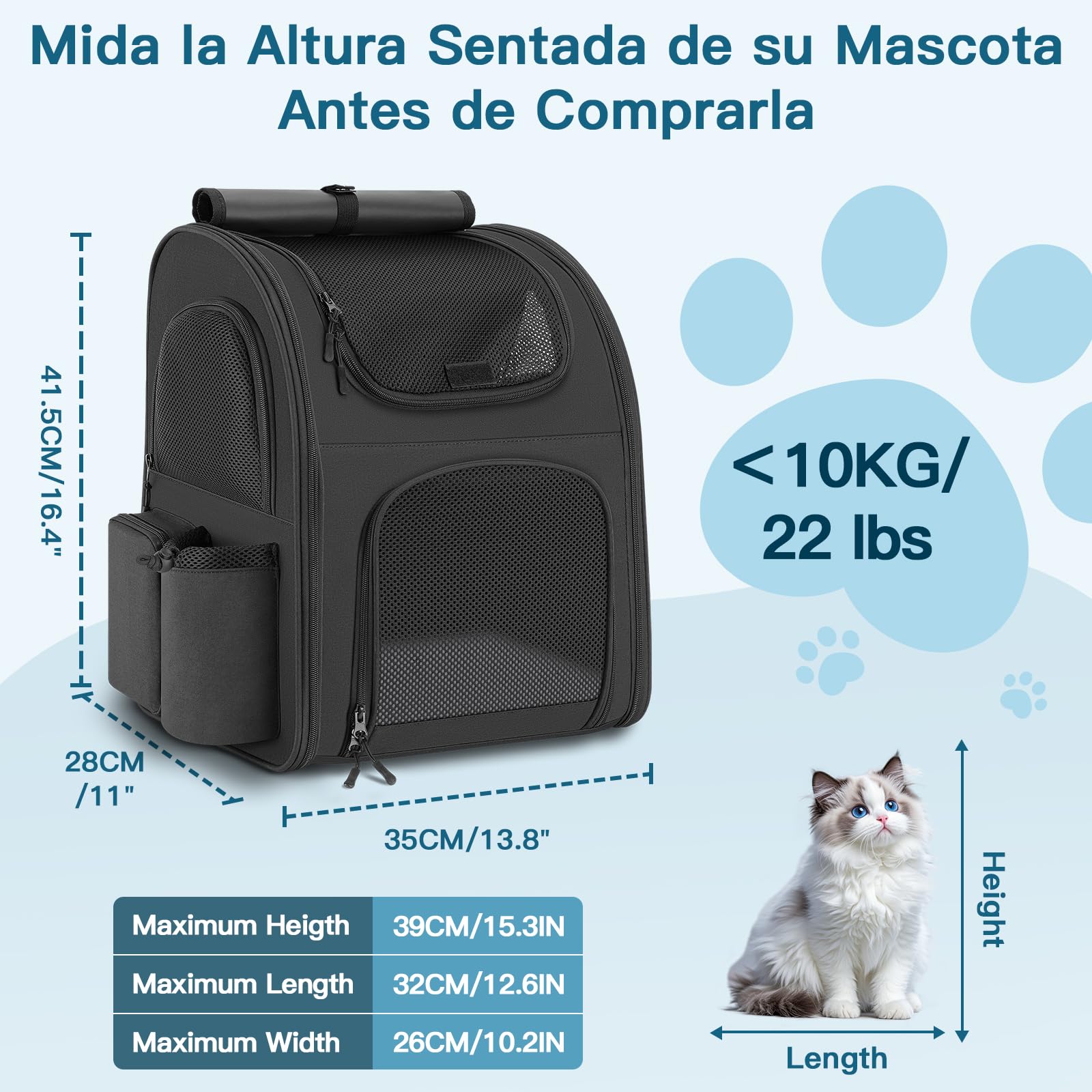 Mochila para Gatos Perros, Mochila Transportin Gato Perro 10kg, Ventanas de Malla Transpirable Bolso para Perros Pequeños Gatos Mascotas con Correa de Seguridad y Alfombra para Mascotas - Negro