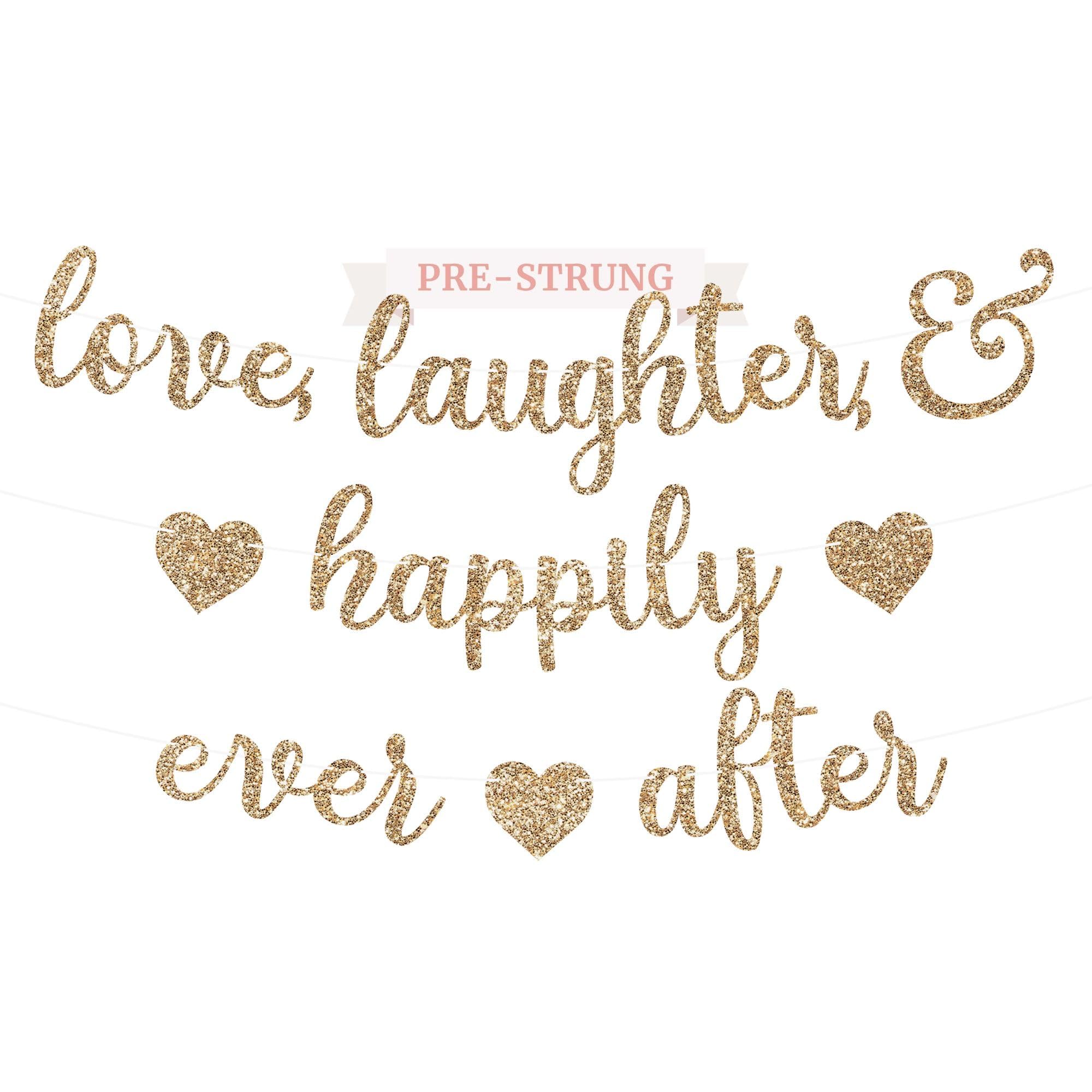 Banner Love Laughter Happily Ever After, Garland on 8 ft Strand, Ideal for Bachelorette Bridal Wedding Engagement Party, Gold Heart — image 1