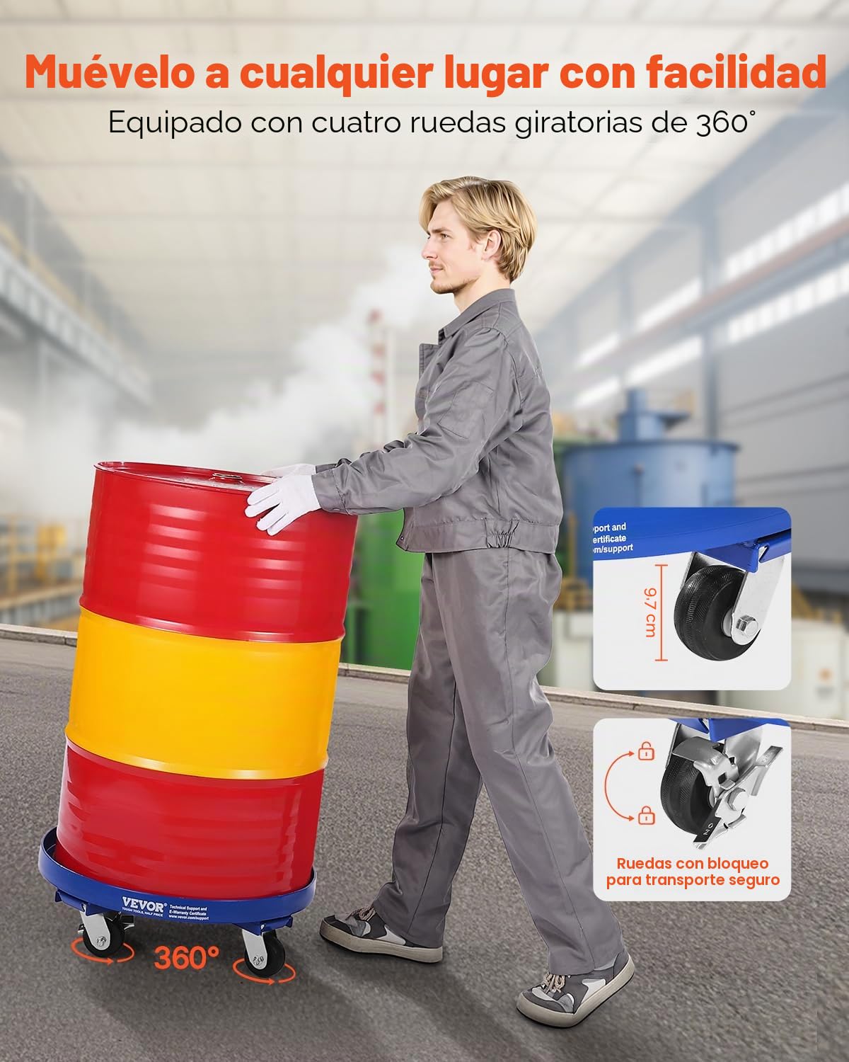 VEVOR Plataforma Rodante para Bidones 615 x 615 x 188 mm con Tirantes Transversales y 4 Ruedas Giratorias, Capacidad de 907 kg, Plataforma Rodante Antivuelco para Manipulación de Almacén, Azul