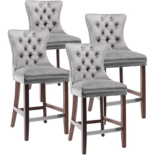 Virabit Counter Height Bar Stools Set of 4, 27" Farmhouse Barstools with Button Back and Nailhead Trim, Velvet Bar Stools with Kitchen Island, Pub (Grey)