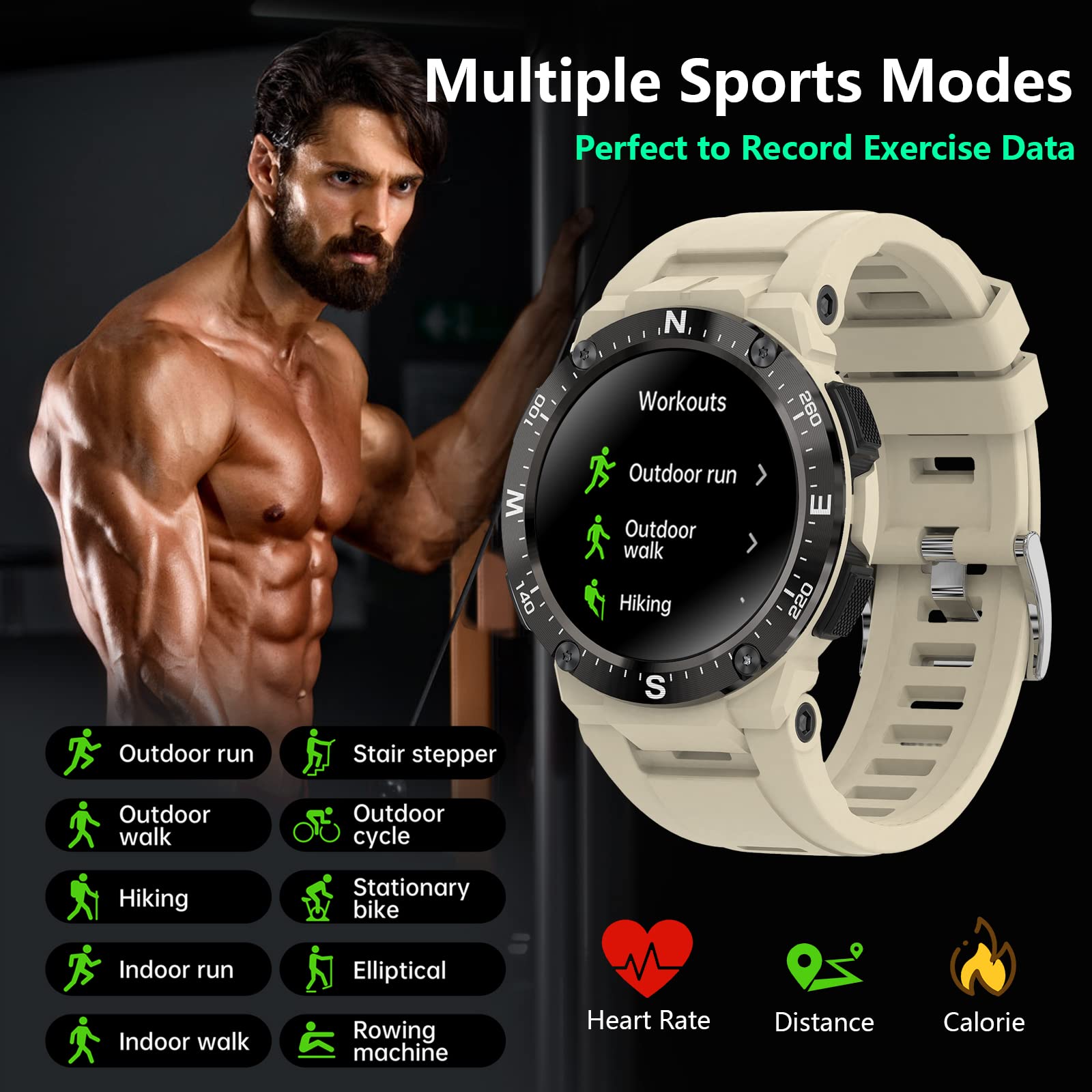 Bebinca GT3 Smartwatch Uomo Sportivo 1.3" Effettua e ricevi chiamate in vivavoce Bluetooth Microfono, Ascolta musica Altoparlante 128 MB, Fitness Tracker 5ATM Impermeabile IOS/Android (Beige)