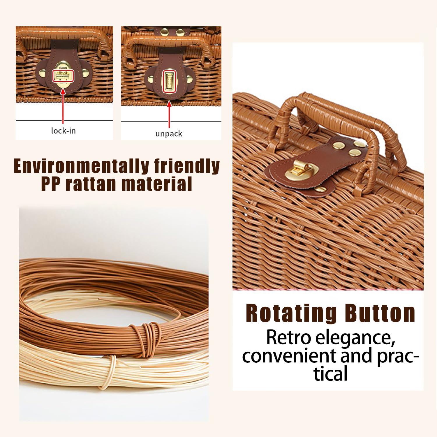 Geflochtener Rattan-Koffer Aufbewahrungskorb mit Griff, Gewebte Picknickbox, Handgewebt, mit Metallschloss, Vintage Geschenkbox aus Weide für Camping, Hochzeit, Fotografie, Deko (Dunkelbraun)