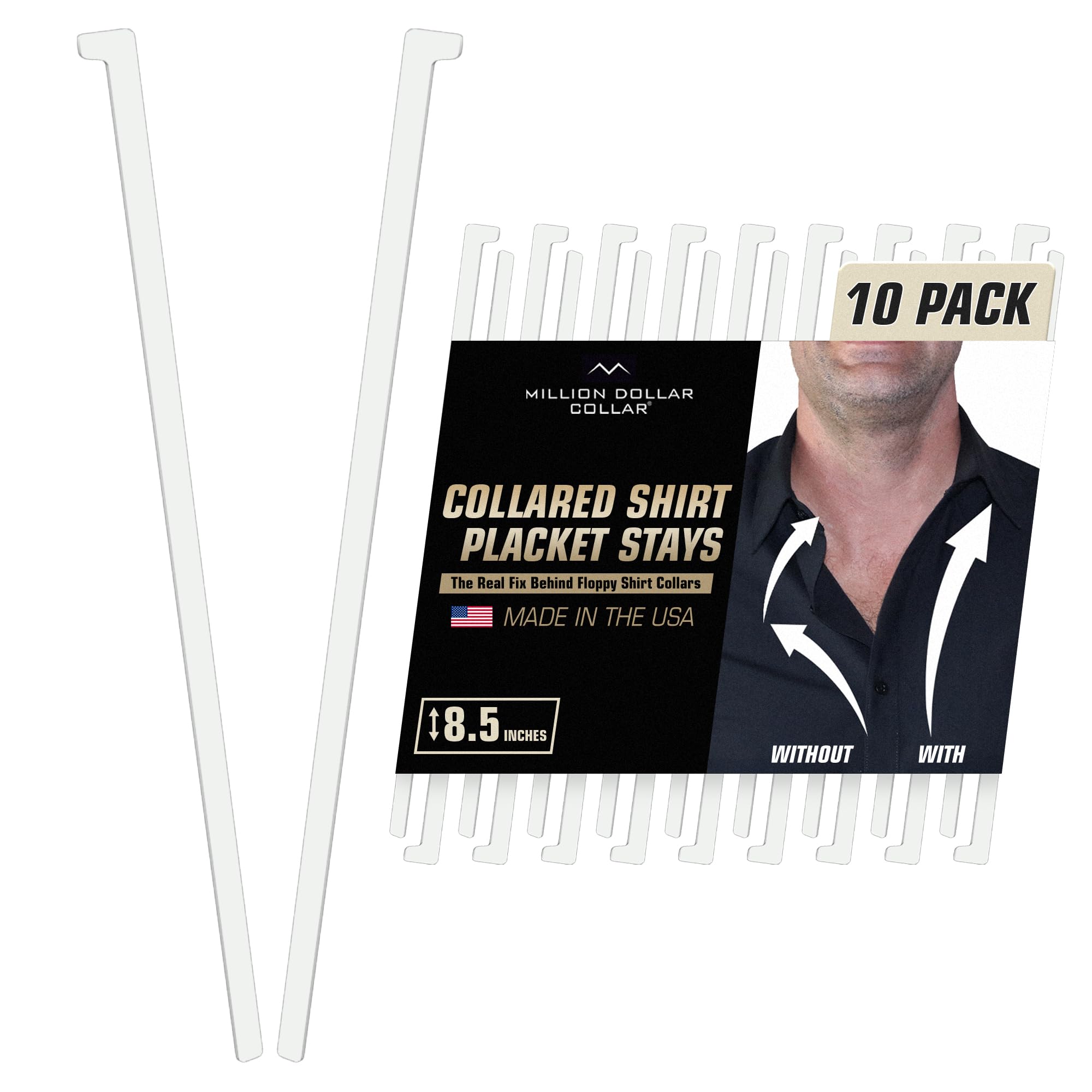 Million Dollar Collar Shirt Collar Placket Stays - White Placket Stays for Men's and Women's Collared Shirt