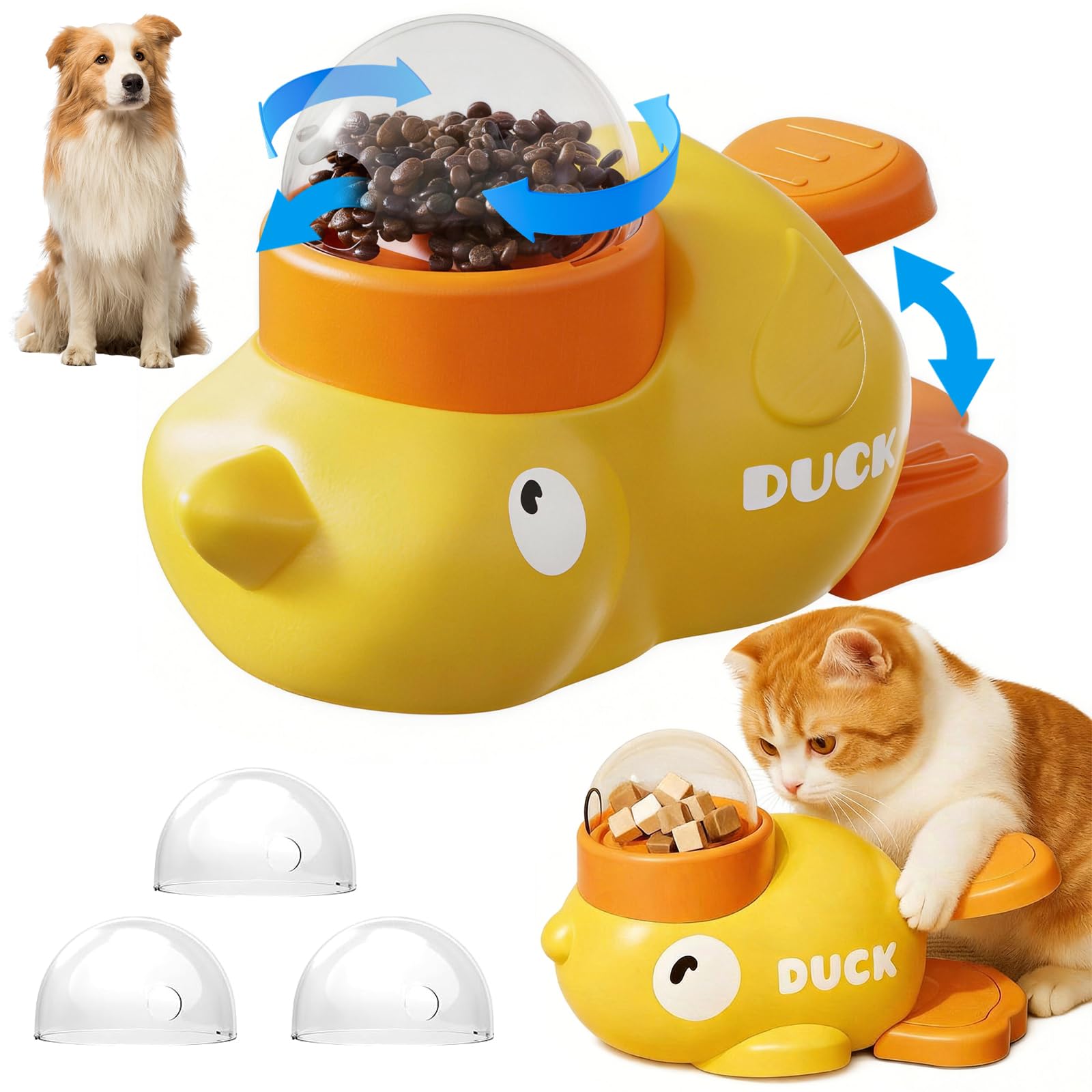 Distributeur Croquettes Chat Forme de Canard Jaune, 2 en 1 Distributeur Croquettes Chien avec 3 Couvercles, Jouet Interactif Chien, Educational Pet Feeder Toy, Jouet Intelligence Chat
