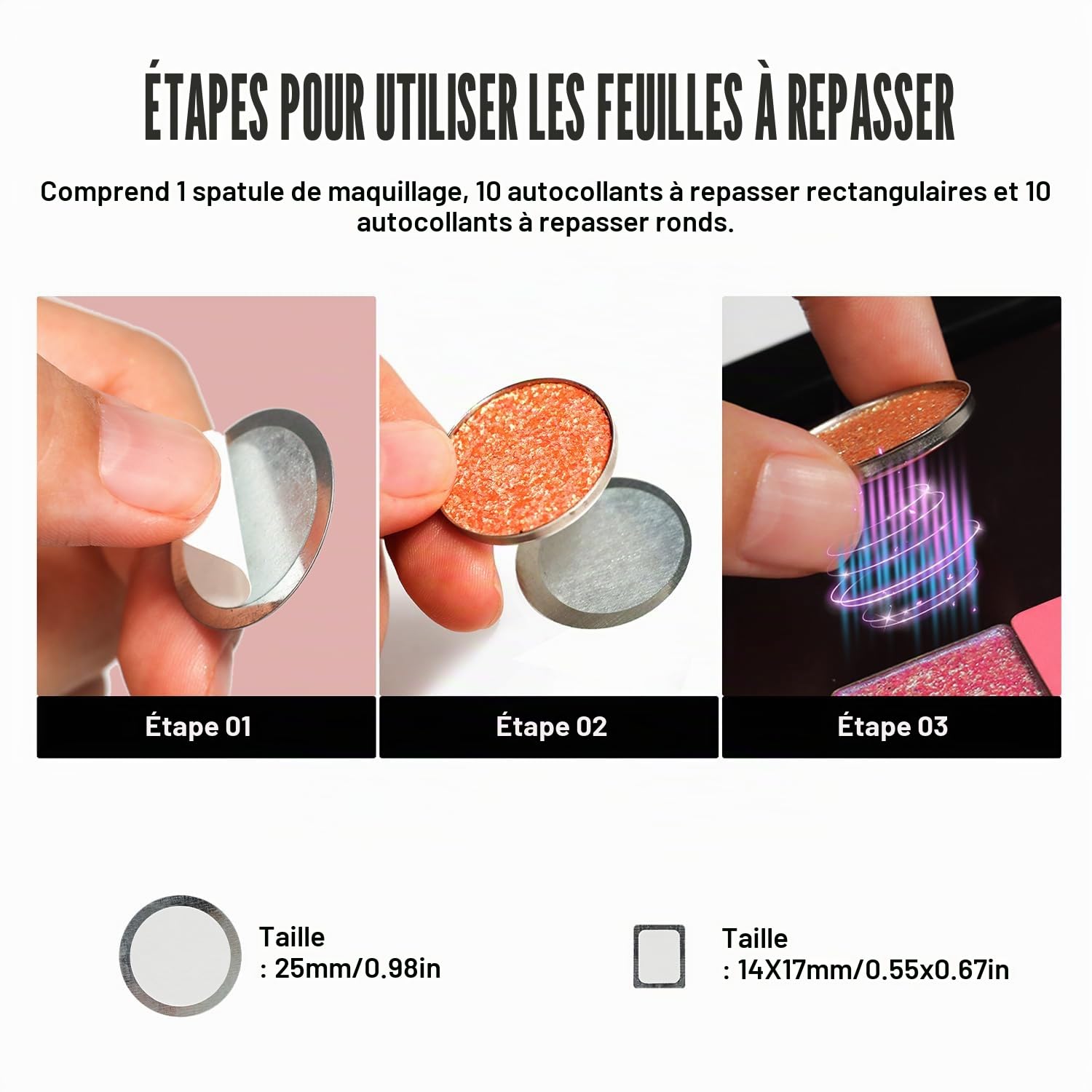 Palette magnétique vide à 4 couches (grain de bois blanc) + 1 spatule de dépôt de maquillage + 50 autocollants ronds en métal + 50 autocollants carrés en métal