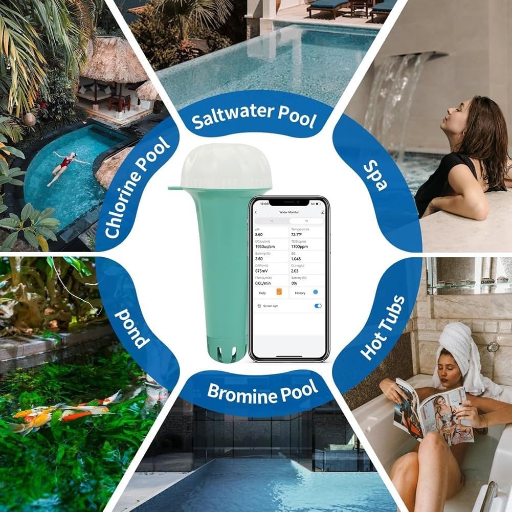 Tester soli basenowej, termometr basenowy, połączenie WIFI, cyfrowy tester jakości wody, do soli basenowej, 7 w 1 zasolenie, pH, temperatura, EC i miernik TDS, basen akwariowy