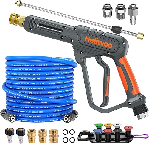 Heliwoo Kit de pistola y manguera de lavado a presión, manguera y varita de lavado eléctrico resistente a las torceduras de 50 pies, conector rápido